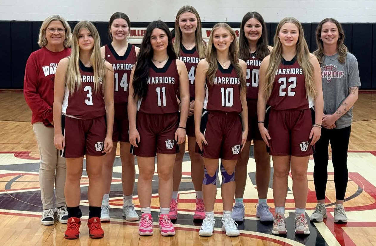 Front Row: Reagan Syslo, Ava Smith, Madalyn Russell and Kaycee Harter. Back row: coach Shelly McNeff, Georgia Bridger, Ella Pickrel and Lylla Sabata and head coach Alyssa Reardon.