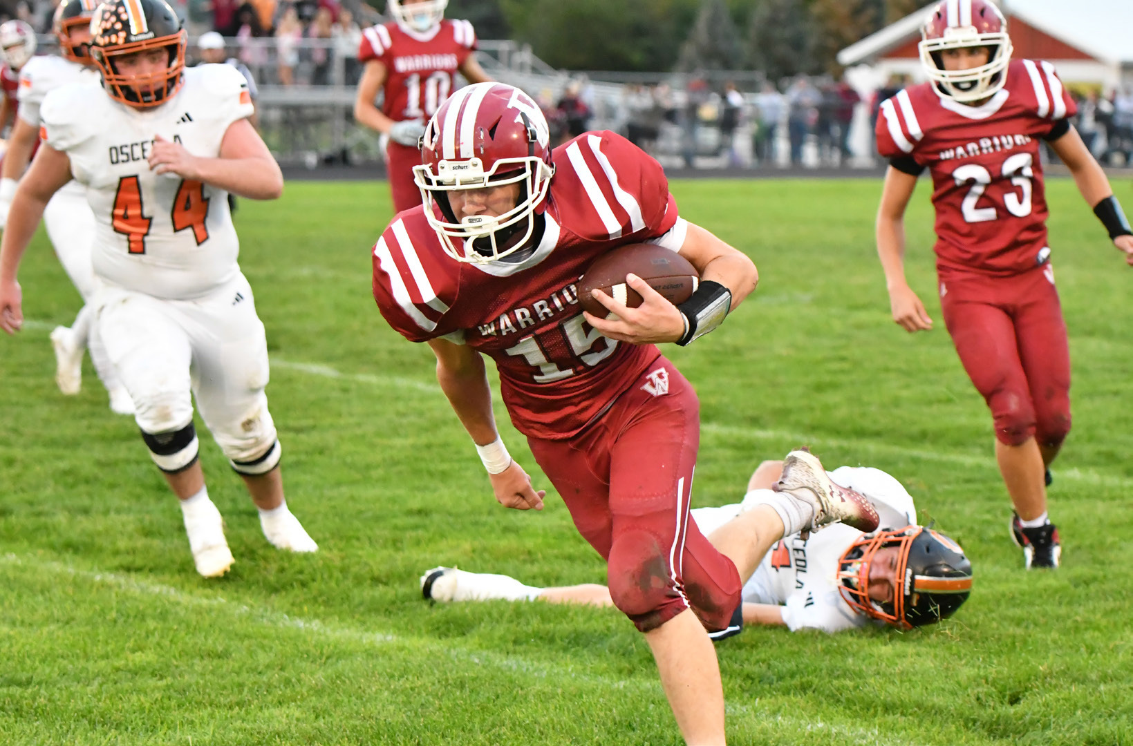 Fullerton sophomore Landen Glup shakes off a defender after catching a pass on Friday. He finished with 5 catches for 59 yards. NCJ photo by Rick Holtz