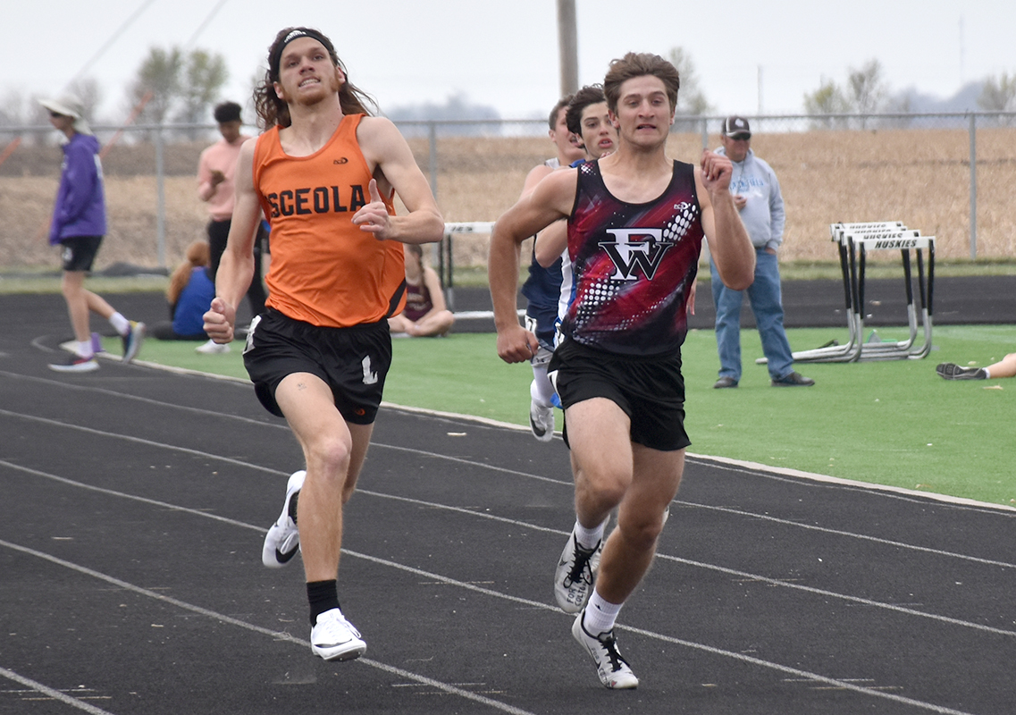 Fletcher Dubas finished third in the 200-meter dash at the Shelby-Rising City Invite with a time of 23.61. NCJ photo by Beth Sparrow
