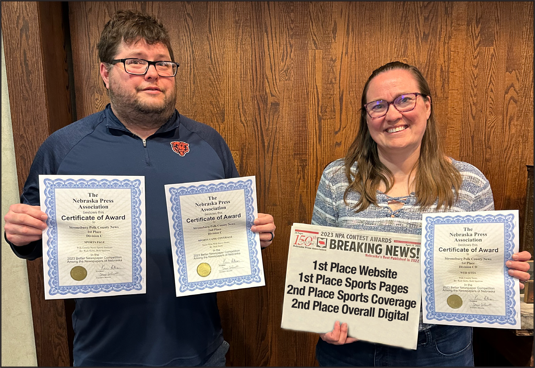 Nance County Journal co-owners Rick Holtz (left) and Beth Sparrow were recently recognized for their other newspaper’s website, sports page design and sports coverage. NCJ photo