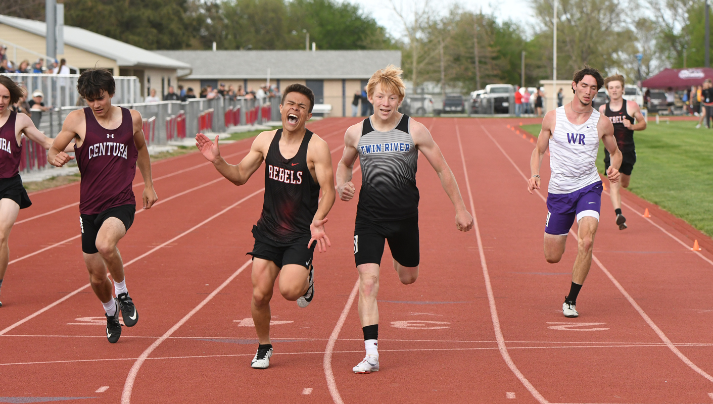 Spencer Ramakers finished second in the 100-meter dash at the C-6 District on Thursday at Centennial. The Twin River graduate is the Titans’ lone state qualifier, making it to Omaha for the 100- and 200-meter dashes and thelong jump. NCJ photo by Rick Holtz