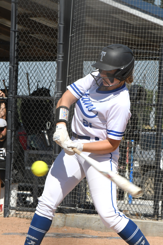 Karley Vering reaches on a single in the bottom of the fifth inning on Saturday. NCJ photo by Rick Holtz