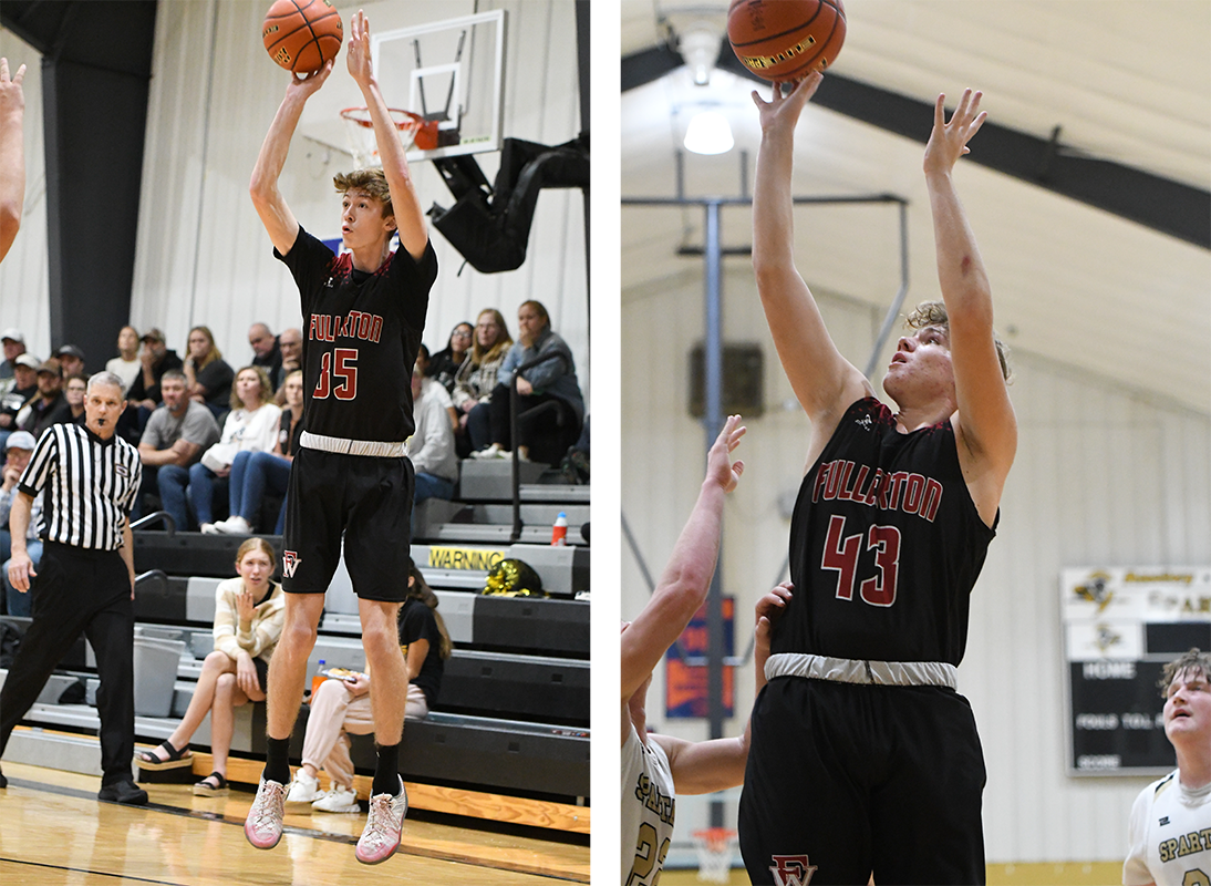 LEFT: Kane Wetovick finished with 8 points against Ansley/Litchfield. RIGHT: Hunter Gochenour makes a move in the post for the Warriors on Thursday. NCJ photos by Rick Holtz