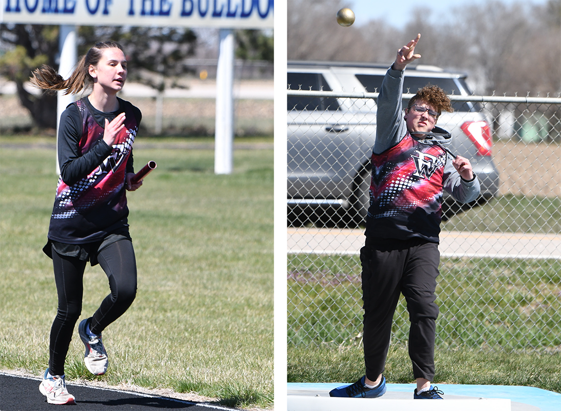 LEFT: Josie Williams runs a leg of the 4x800-meter relay. RIGHT: Everett Gleason finished 18th in the shot put with a 28-6 throw. NCJ photos by Rick Holtz