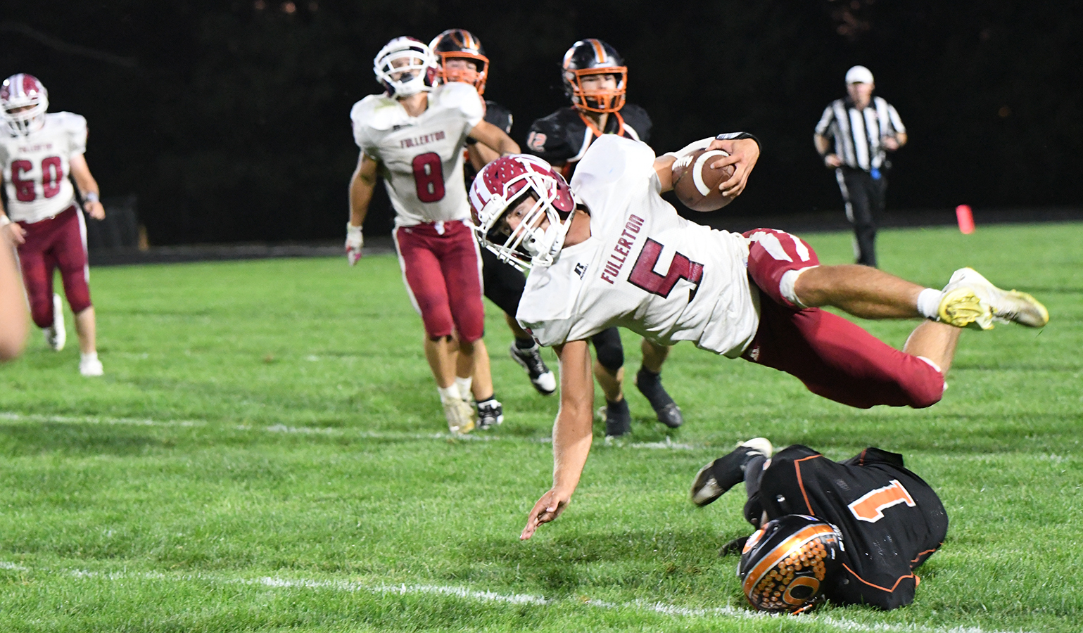 Fullerton senior Fletcher Dubas put his body on the line on Friday against Osceola. He finished with 286 rushing yards and 4 touchdowns. NCJ photo by Calvin Holtz