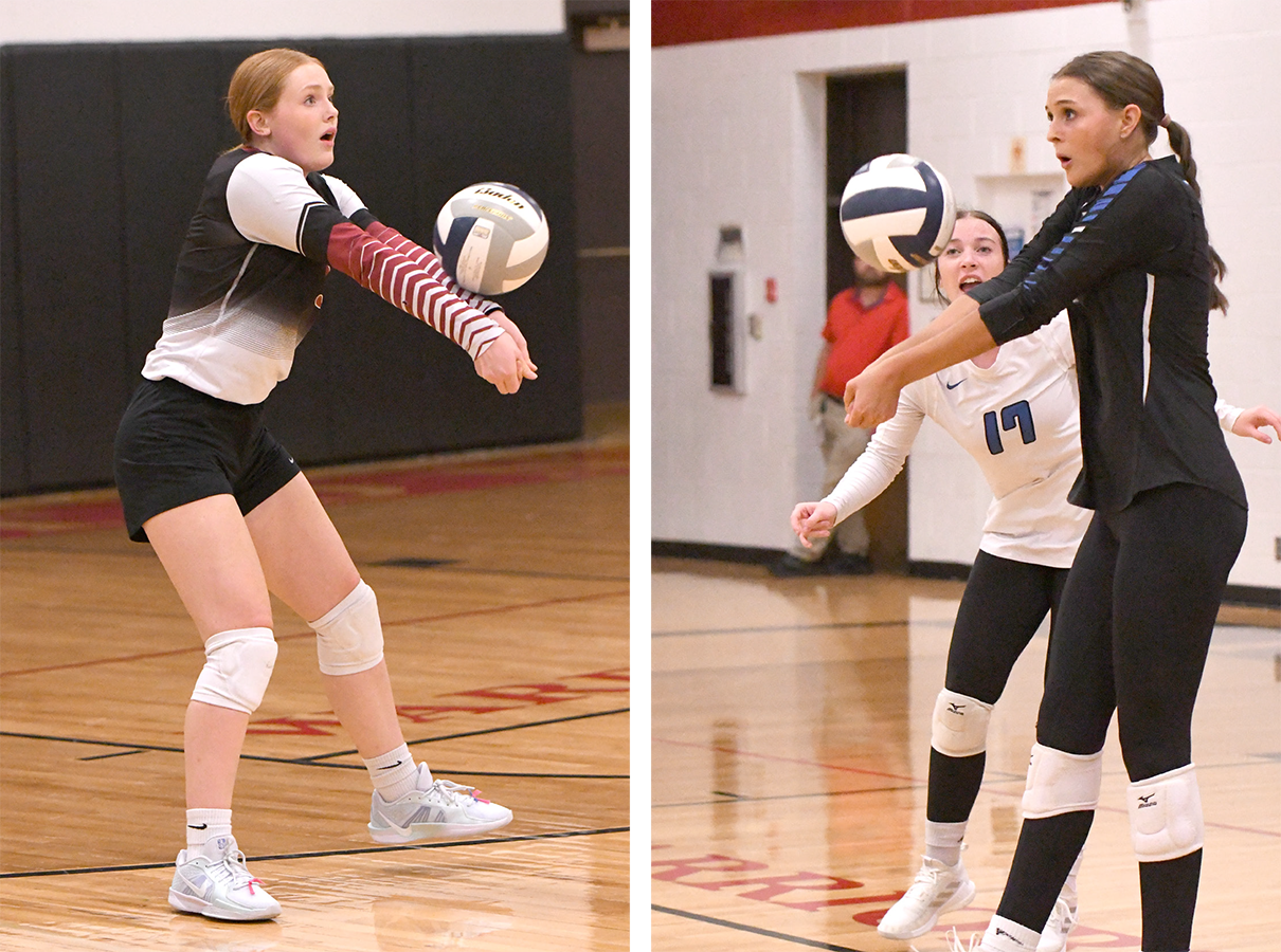 LEFT: Riley Thomas controls a serve to get the Warrior offense going. RIGHT: Briley Cuba comes up with a dig on Thursday to keep the Titans in the second set. NCJ photos by Rick Holtz
