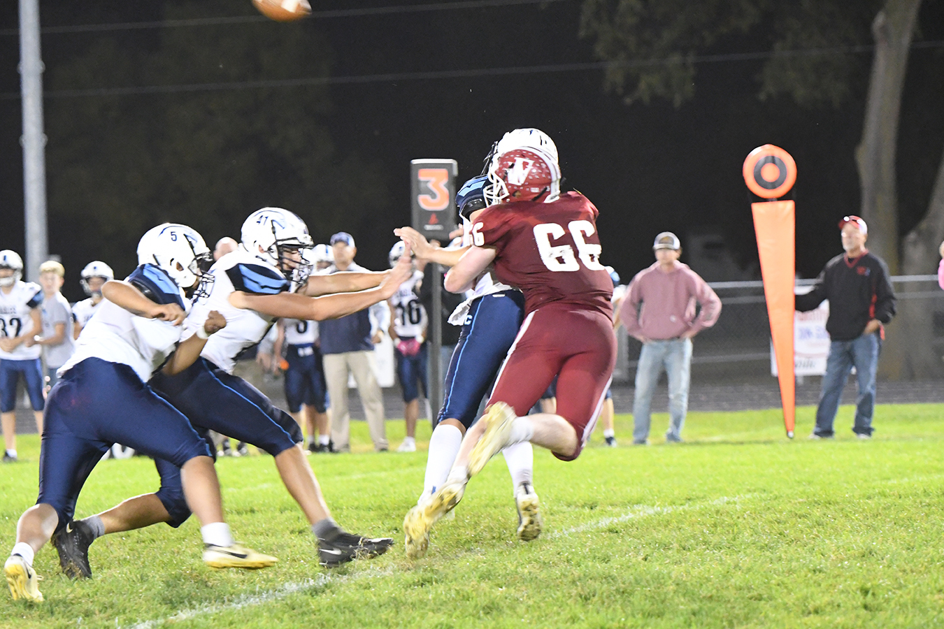 Fullerton senior Aidan Bittner was living in the Nebraska Christian backfield on Friday, rushing the quarterback into early passes. NCJ photos by Calvin Holtz