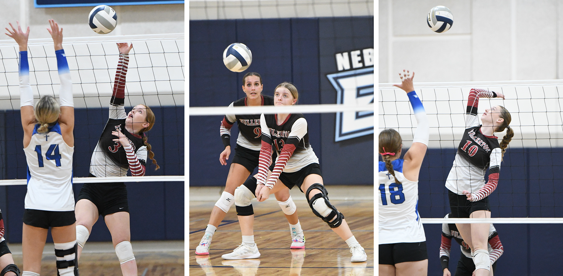 LEFT: Riley Thomas had 18 digs, 4 kills and 2 aces on Thursday. MIDDLE: Addison Coe returns a serve against the Defenders. RIGHT: Jaci Maxfield finished with 16 kills on Thursday. NCJ photo by Calvin Holtz