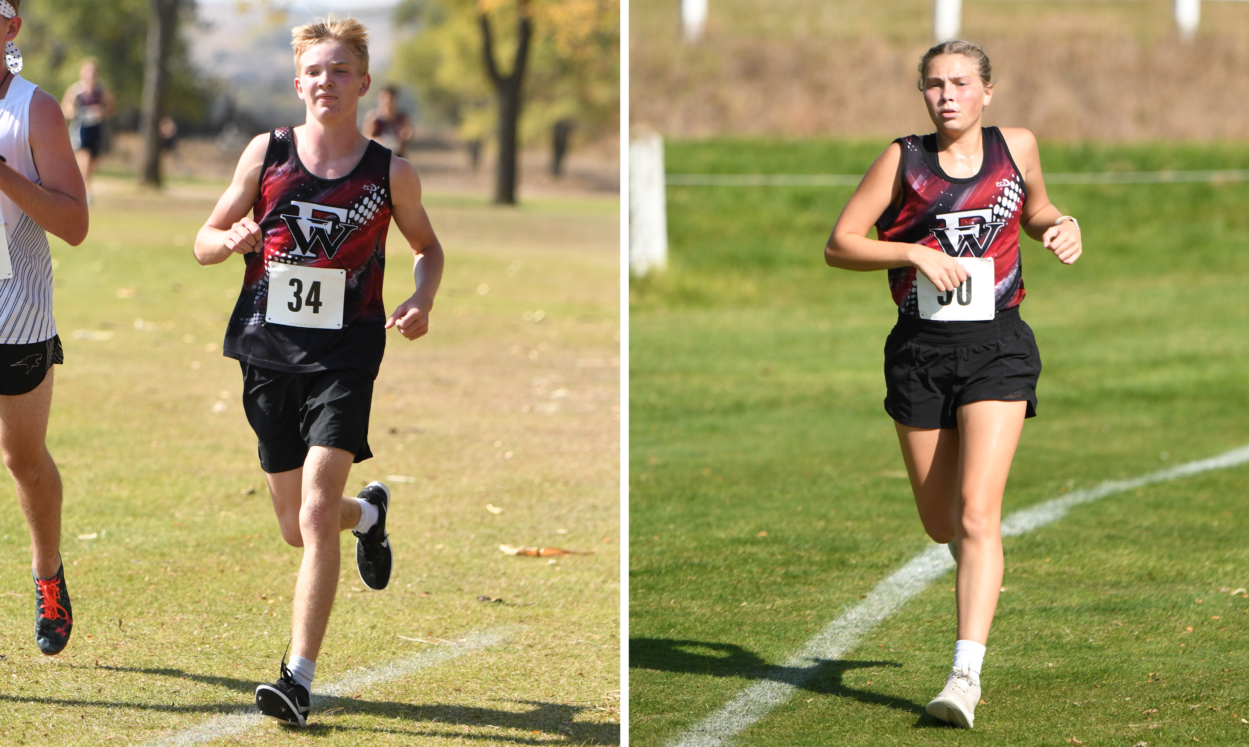 LEFT: Tate Wood finished eighth with a time of 19:22. RIGHT: Morgan Supik finished seventh with a time of 22:56. The Warriors run in the district meet on Thursday. NCJ photos by Rick Holtz