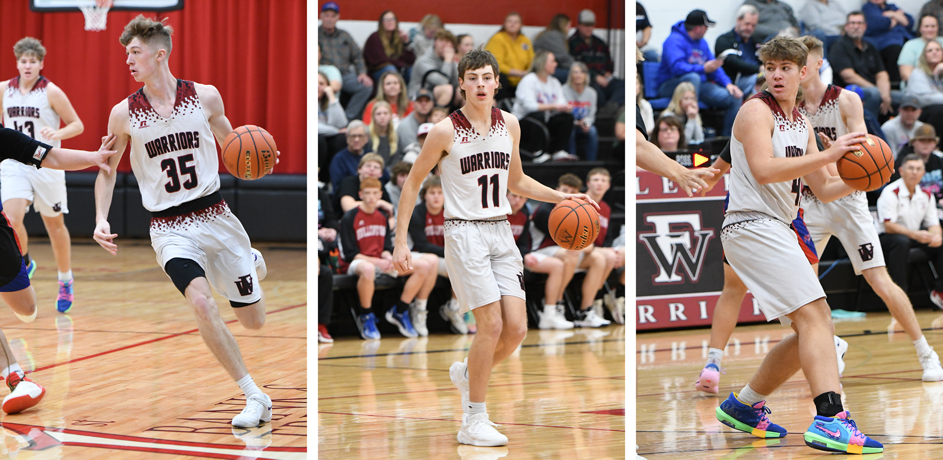 LEFT: Kane Wetovick finished with 15 points and 15 rebounds in Fullerton's win on Saturday. CENTER: Nolan Dubas added 10 points for the Warriors. RIGHT: Hunter Gochenour contributed 9 points and 7 rebounds. NCJ photos by Rick Holtz