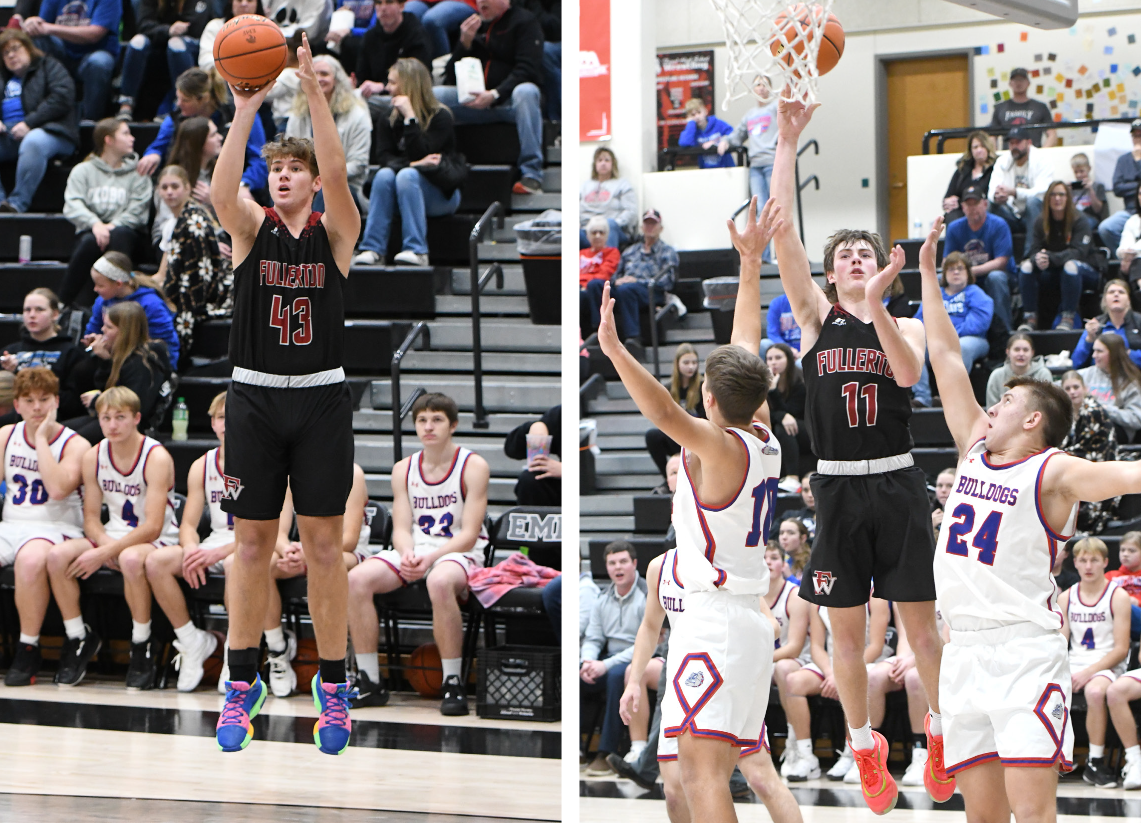LEFT: Hunter Gochenour knocks down a long-range shot in front of the Humphrey-Lindsay bench on Friday. RIGHT: Nolan Dubas finished with 9 points against Humphrey-Lindsay. NCJ photo by Rick Holtz