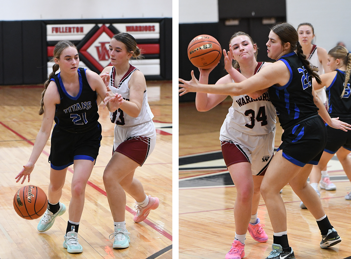 LEFT: Katie Preister finished with 8 points, 4 rebounds and 2 steals off the bench for Twin River. RIGHT: Fullerton’s Ella Pickrel looks to make a post move around Twin River Clara Preister.NCJ photos by Rick Holtz