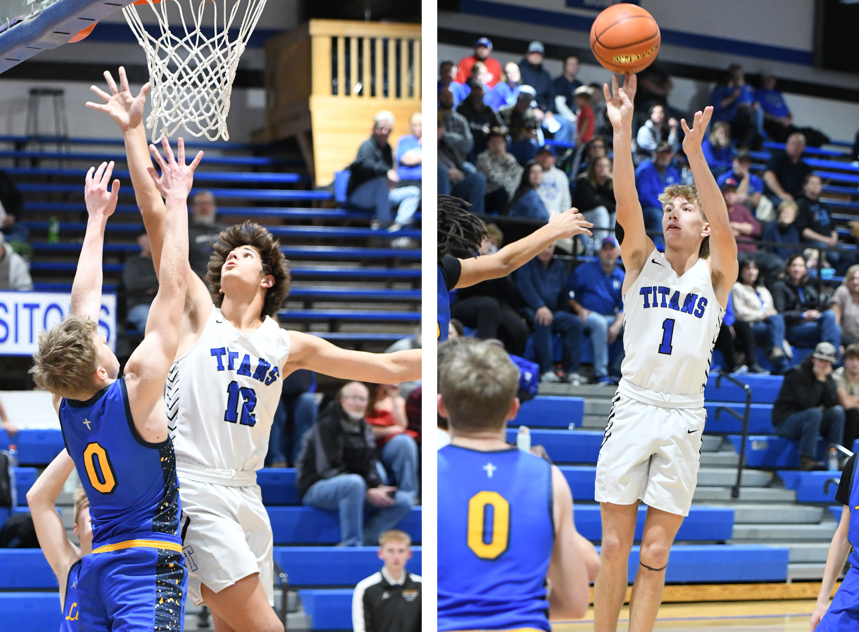 LEFT: Braedyn Ramaekers goes in for two of his four points last week against Nebraska Lutheran. He also finished with a game-high 15 rebounds. RIGHT: Colsten Rodriguez scored a career-high 19 points last Tuesday. NCJ photos by Rick Holtz
