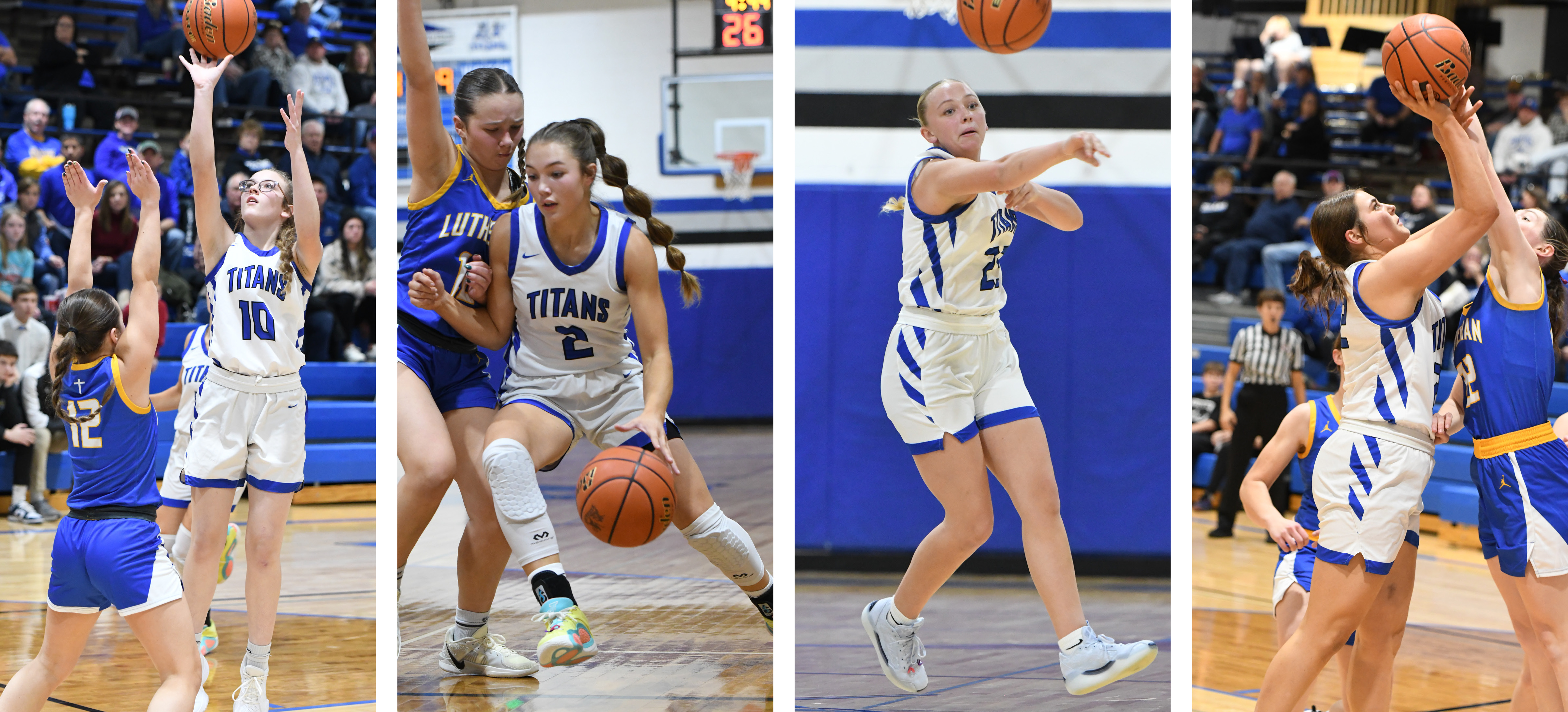 LEFT: Adalyn Bishop scored 2 points and grabbed 5 rebounds coming off the bench for the Titans. MIDDLE LEFT: JLee Van Driel finished with a game-high 16 points. MIDDLE RIGHT: Mya Ramaekers had 11 rebounds and 10 points in the win. RIGHT: Clara Preister was a force in the middle, finishing with 10 rebounds. NCJ photo by Rick Holtz