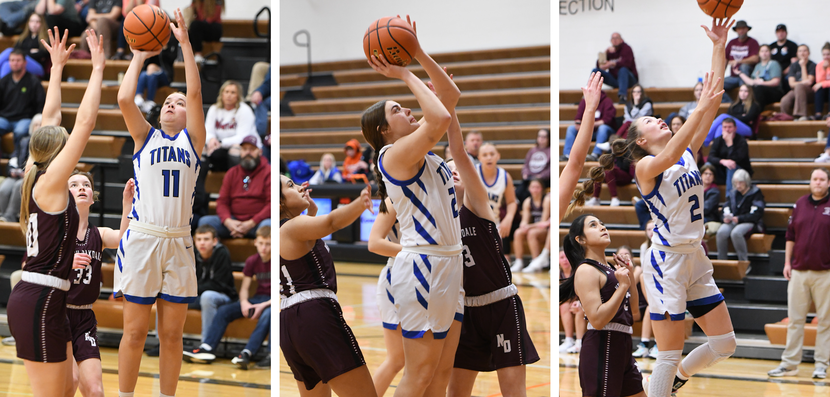 LEFT: Sienna Beck finished with 8 points off the bench for the Titans on Friday and Saturday. CENTER: Clara Preister goes up for 2 of her 8 points on Saturday in Twin River’s 55-24 win over Neligh-Oakdale. RIGHT: JLee Van Driel scores on a fast-break after a steal on Saturday. NCJ photo by Rick Holtz