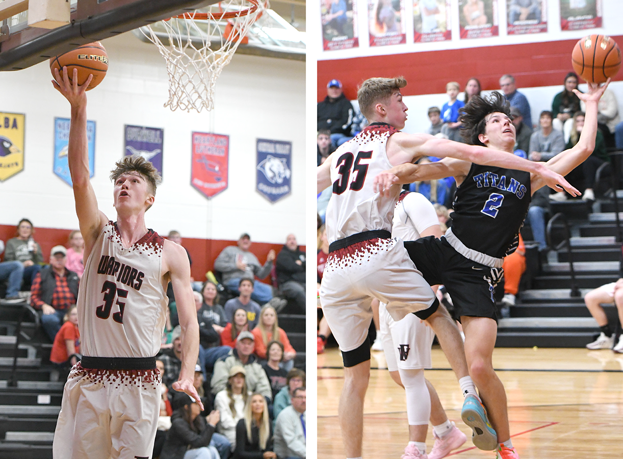 LEFT: Fullerton’s Kane Wetovick scores in transition during the fourth quarter on Friday. He finished with a game-high 20 points. RIGHT: Corbin Rodriguez shows no fear cutting to the basket for 2 of his 12 points. NCJ photos by Rick Holtz