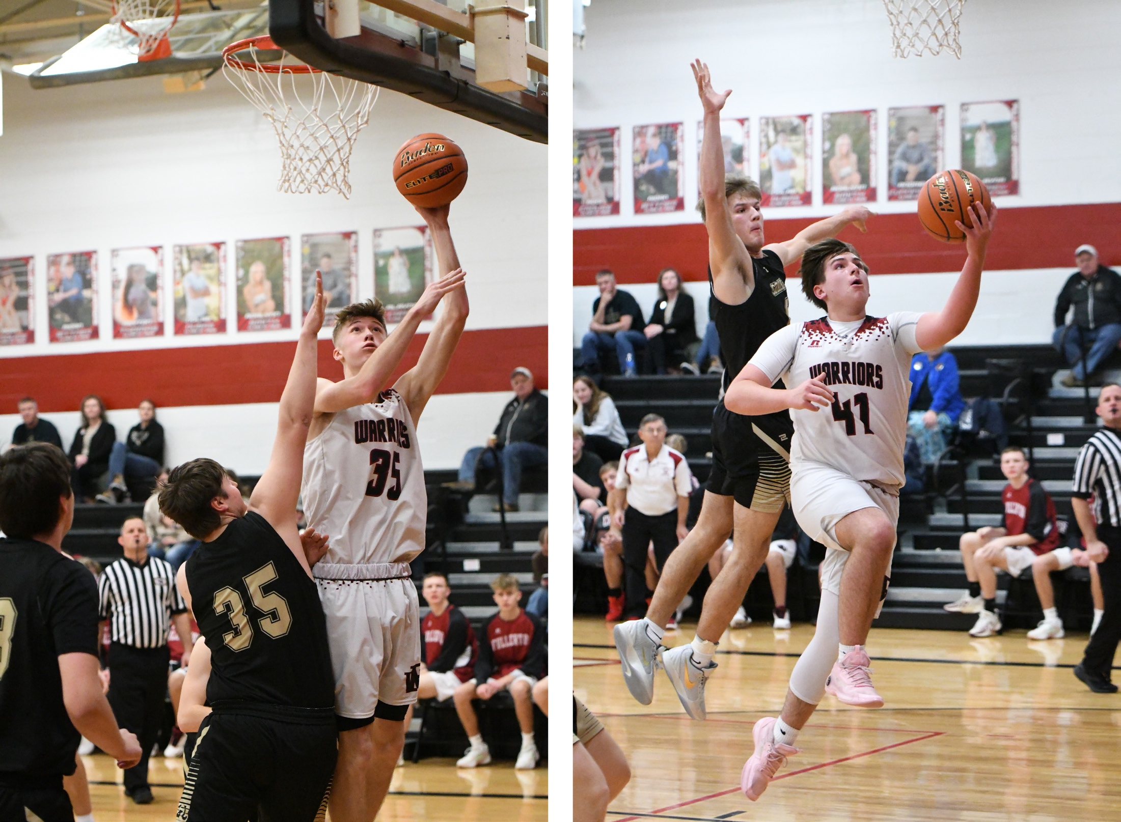 LEFT: Kane Wetovick goes up for 2 of his game-high 24 points against the Spartans. RIGHT: Terrick Gonsior scores in transition after getting the steal. He finished with 4 points. NCJ photos by Rick Holtz