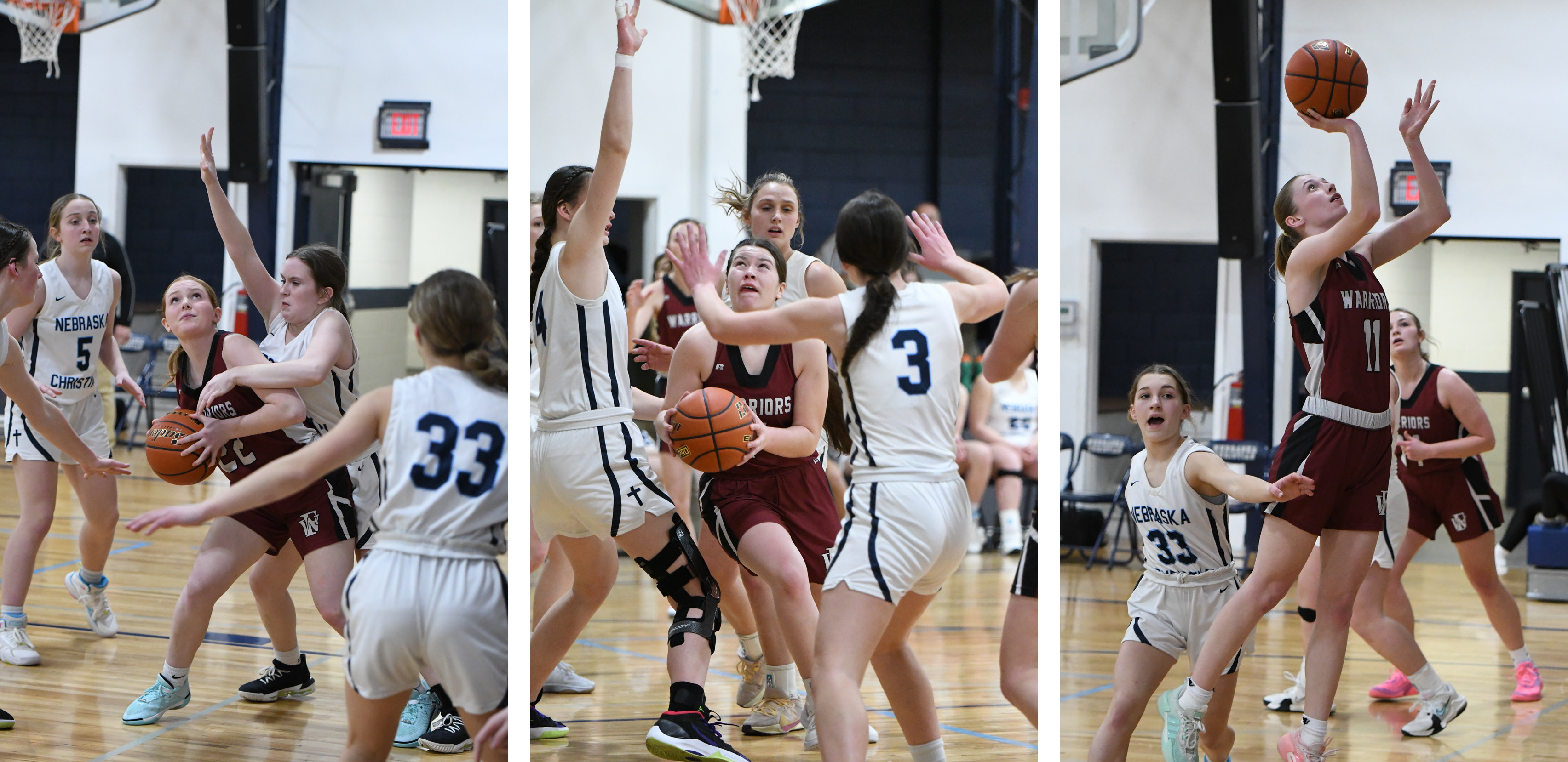 LEFT: Riley Thomas finished with 6 points and 4 rebounds. MIDDLE: Georgia Bridger had 8 points and 5 rebounds. RIGHT: Jaci Maxfield led the Warriors with 17 points, 7 rebounds and 4 steals. NCJ photos by Rick Holtz