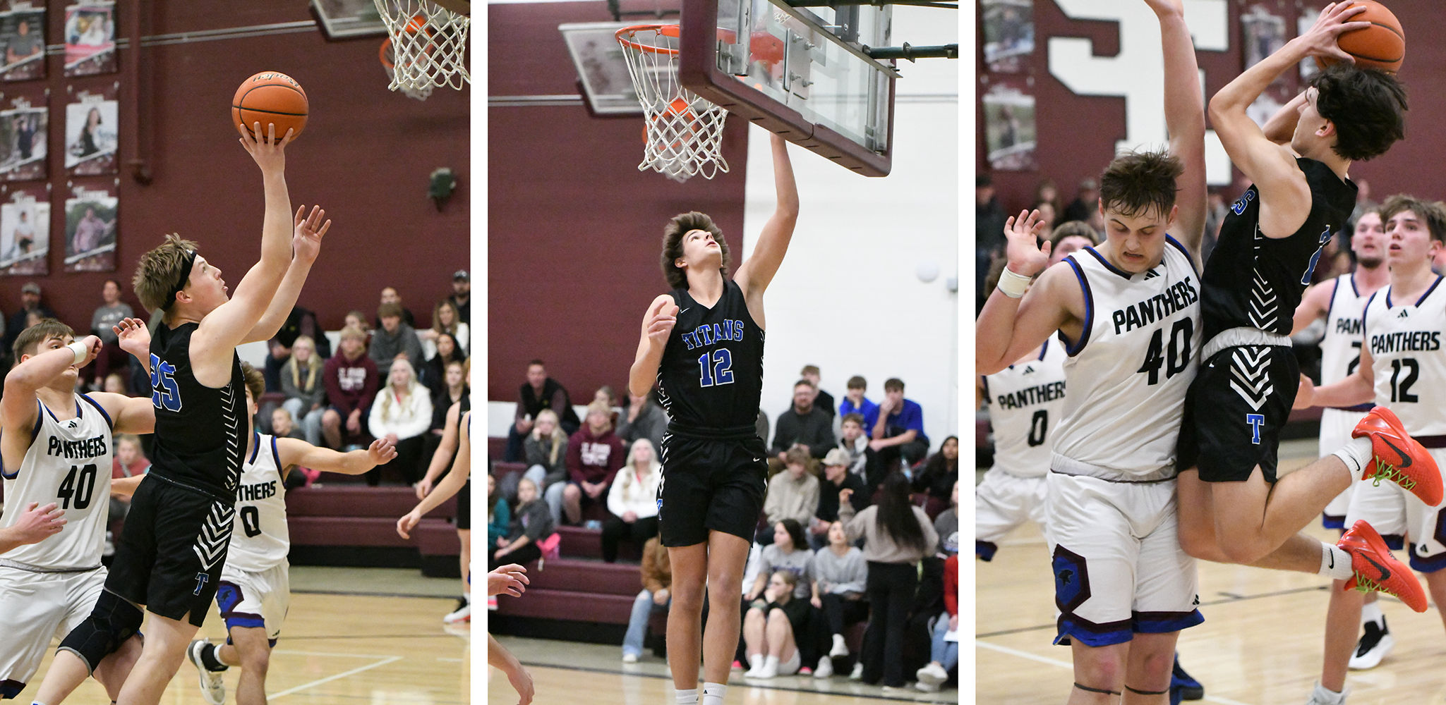 LEFT: Lane Lund scored 3 points for the Titans on Thursday. MIDDLE: Braedyn Ramaekers scores 2 of his 7 points. RIGHT: Corbin Rodriguez goes strong to the basket in the fourth quarter and draws the foul. NCJ photos by Rick Holtz