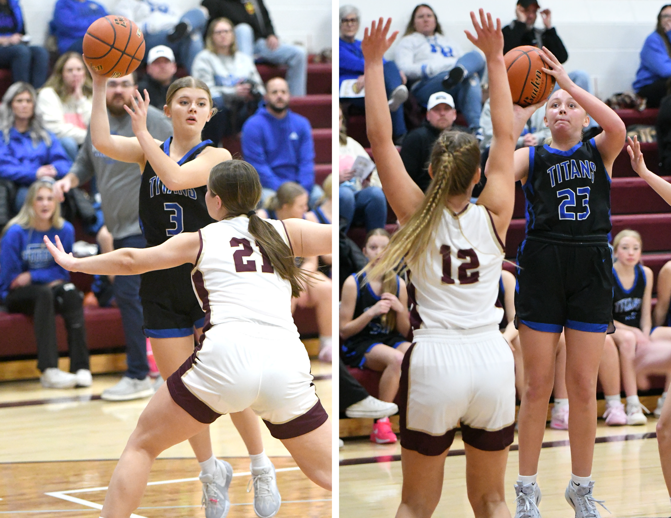 LEFT: Parker Zabka finds the open teammate after driving to the basket in the third quarter. RIGHT Mya Ramaekers scored a game-high 19 points in Twin River’s win over East Butler. NCJ photo by Rick Holtz