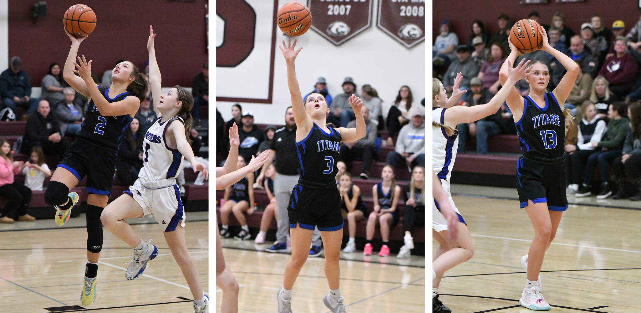 LEFT: JLee Van Driel scored a career-high 23 points on Thursday. MIDDLE: Parker Zabka scored all 8 of her points in the third quarter. RIGHT: Grace Yrkoski finished with 4 points, 2 rebounds and 2 blocks. NCJ photos by Rick Holtz