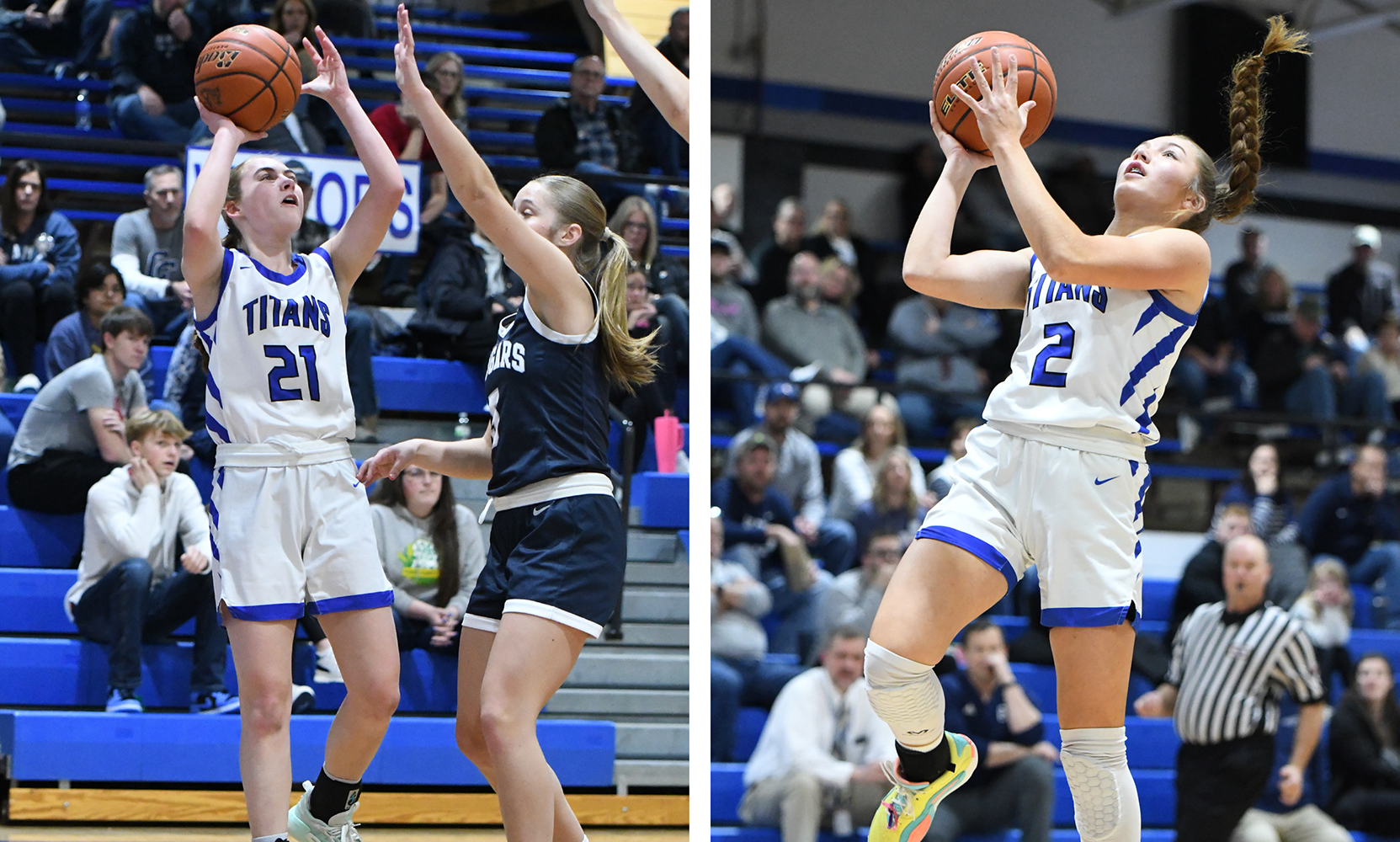 LEFT: Katie Preister pulls up for 2 of her 5 points against Cross County. RIGHT: JLee Van Driel goes in for an easy 2 points after stealing the ball near midcourt. NCJ photo by Rick Holtz