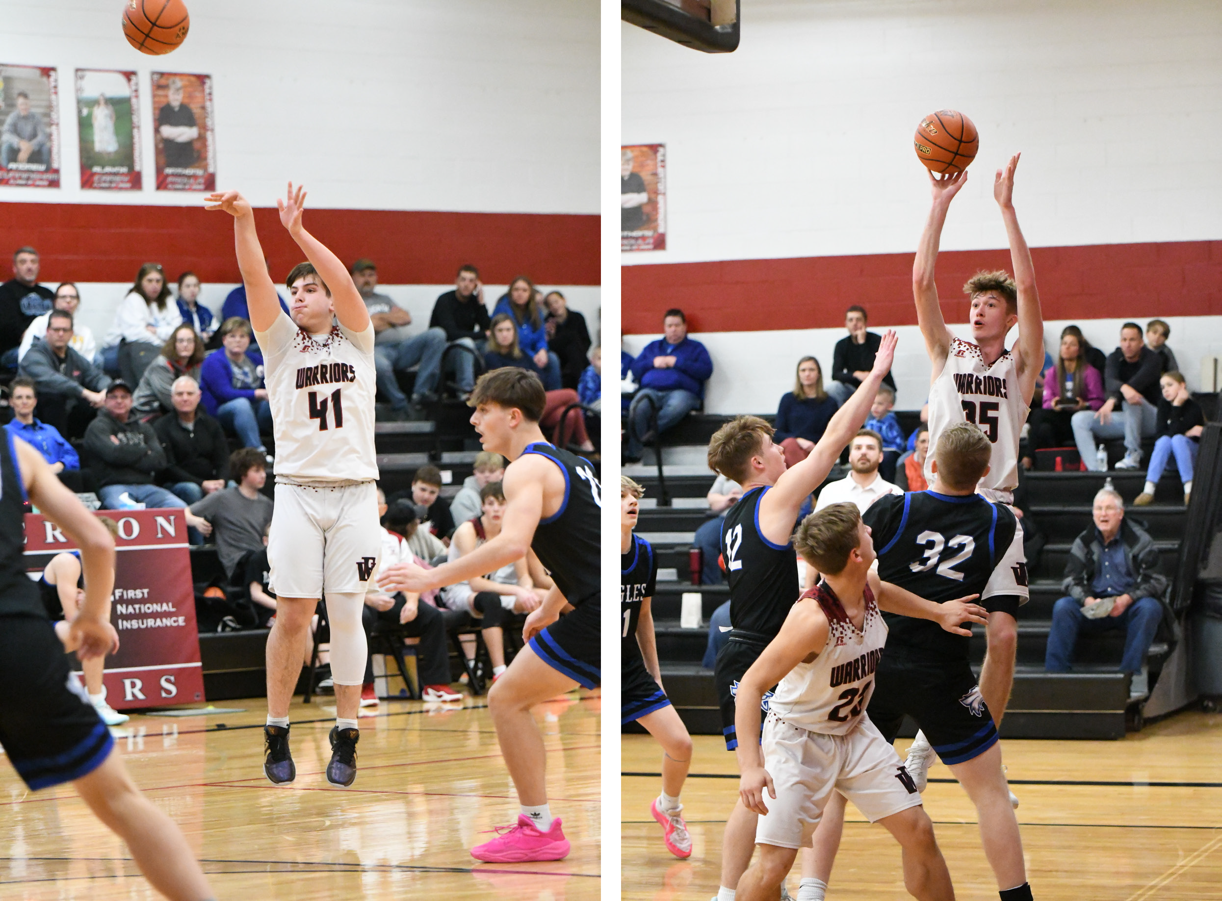 LEFT:  Terrick Gonsior scored 16 points for the Warriors on Thursday and 7 points on Friday. RIGHT: Kane Wetovick scored 17 points on Thursday against Lutheran-Northeast and 24 points on Friday against Pleasanton. NCJ photos by Rick Holtz