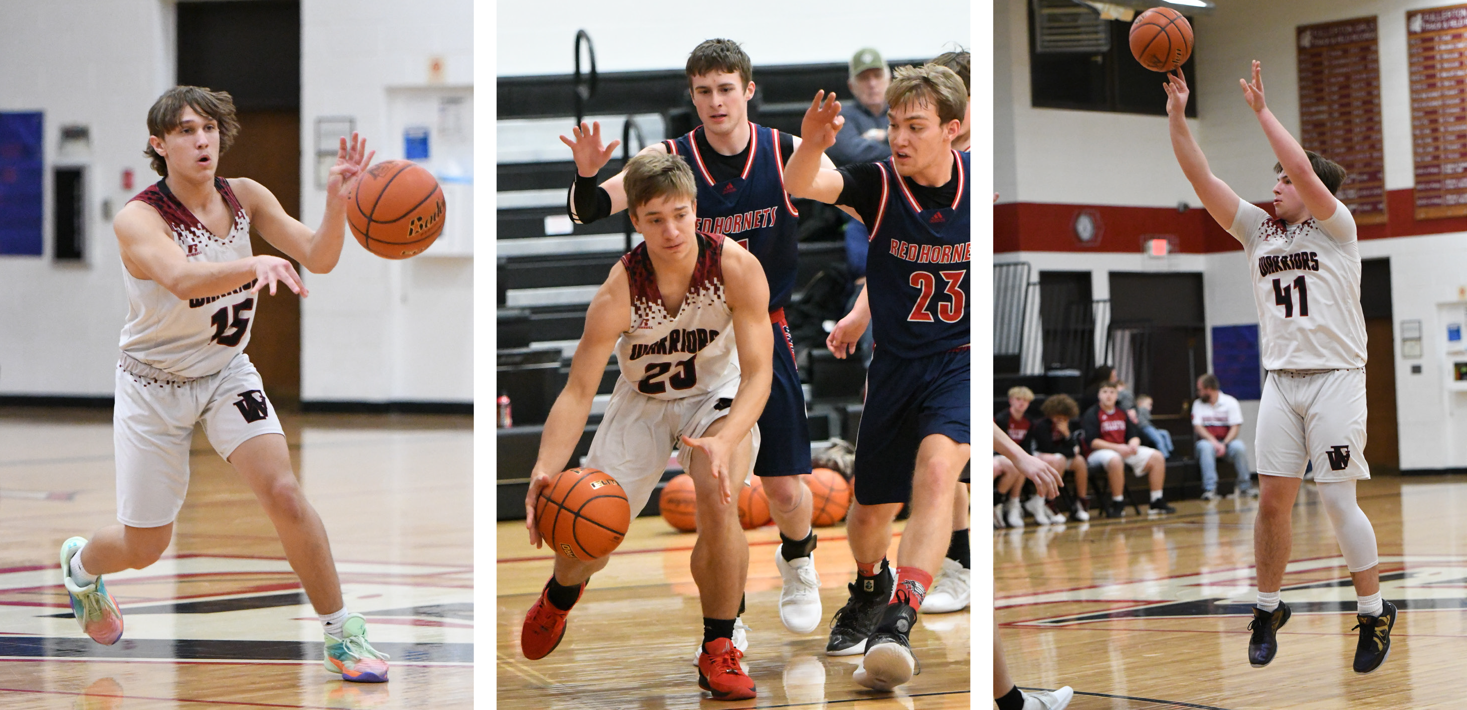 LEFT: Jakob Supik finds the open man in the first half. MIDDLE: Cael Dubas drives around a group of defenders. RIGHT: Terrick Gonsior had 3 points against Heartland Lutheran. NCJ photos by Rick Holtz