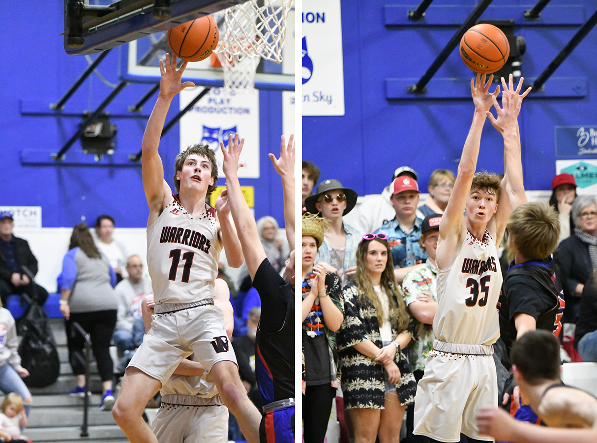 LEFT: Nolan Dubas finished with a season-high 18 points to help lead Fullerton to a 60-46 win over High Plains on Tuesday. RIGHT: Kane Wetovick scored a game-high 22 points on Tuesday. NCJ photo by Rick Holtz