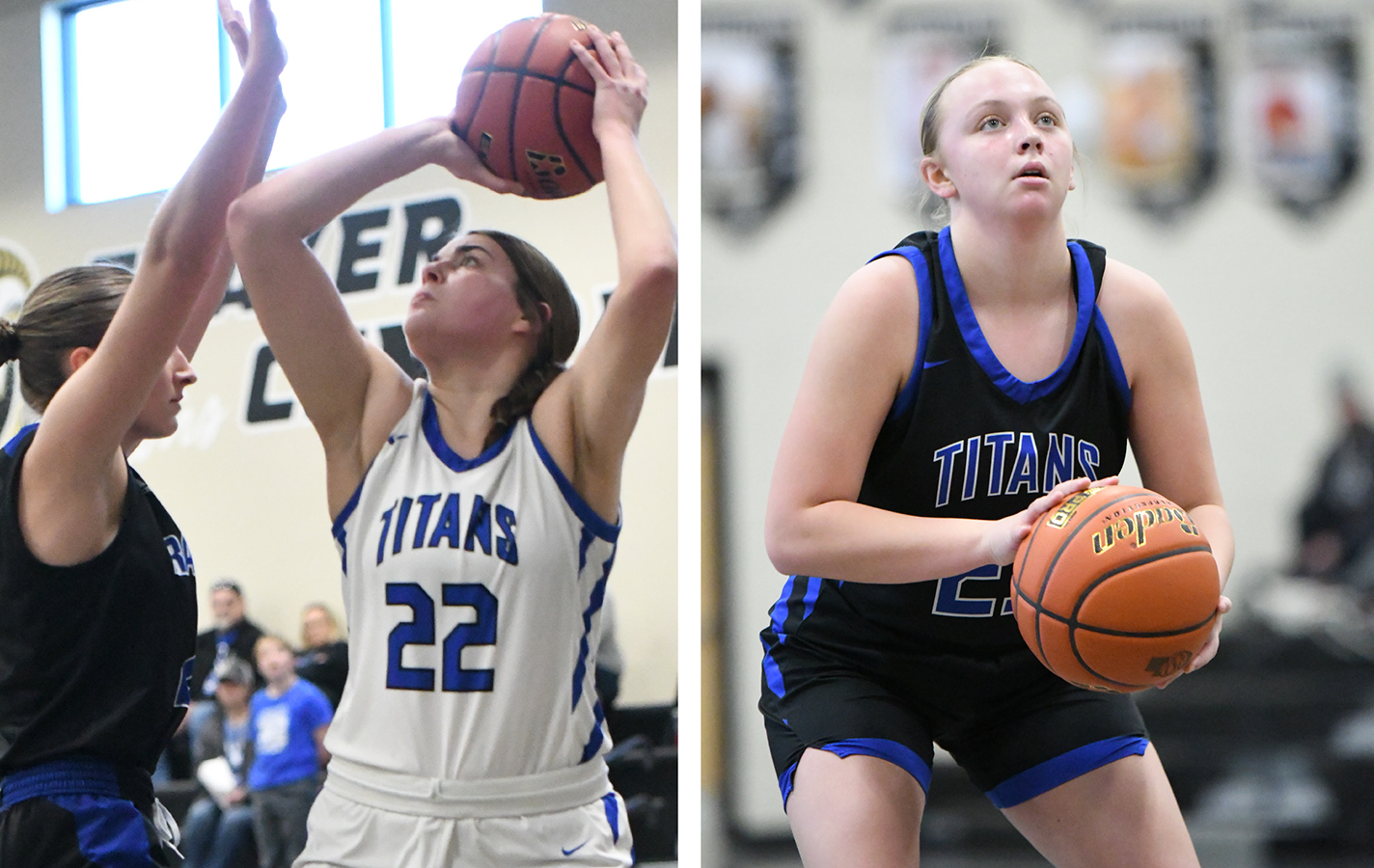 LEFT: Clara Preister scored 15 points and grabbed 11 rebounds in Twin River’s opening round win over Ravena. RIGHT: Mya Ramaekers finished with a team-high 11 points to go along with 3 steals in the Titans’ semifinal loss to Thayer Central. NCJ photos by Rick Holtz