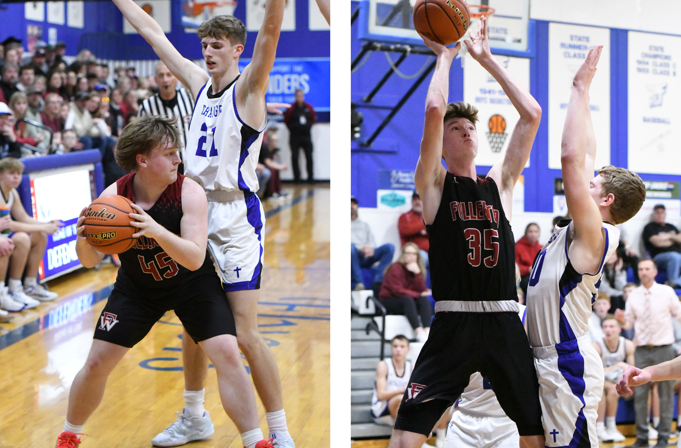 LEFT: Jaxson Gustafson tries to find the open teammate during the first half. RIGHT: Kane Wetovick scored a game-high 14 points and grabbed 10 rebounds. NCJ photos by Rick Holtz