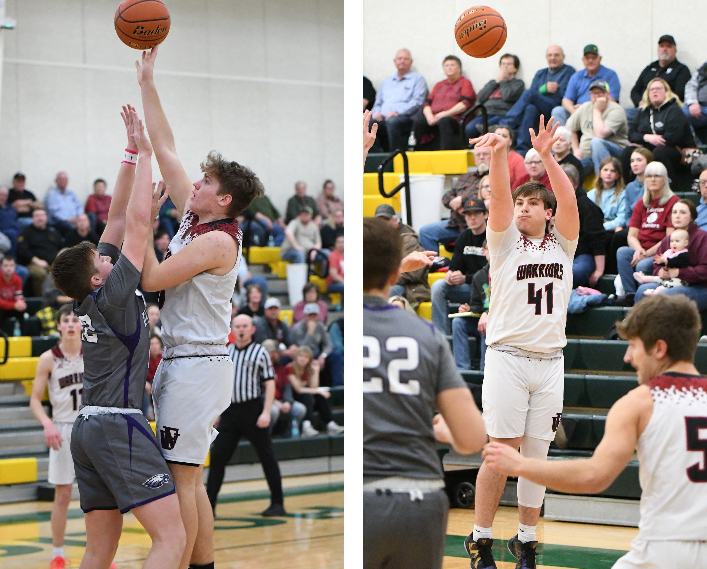 The district final win was a total team effort. Hunter Gochenour (left) finished with  7 points on Wednesday. Terrick Gonsior (right) added 6 points, 6 assists and 5 rebounds. NCJ photos by Rick Holtz