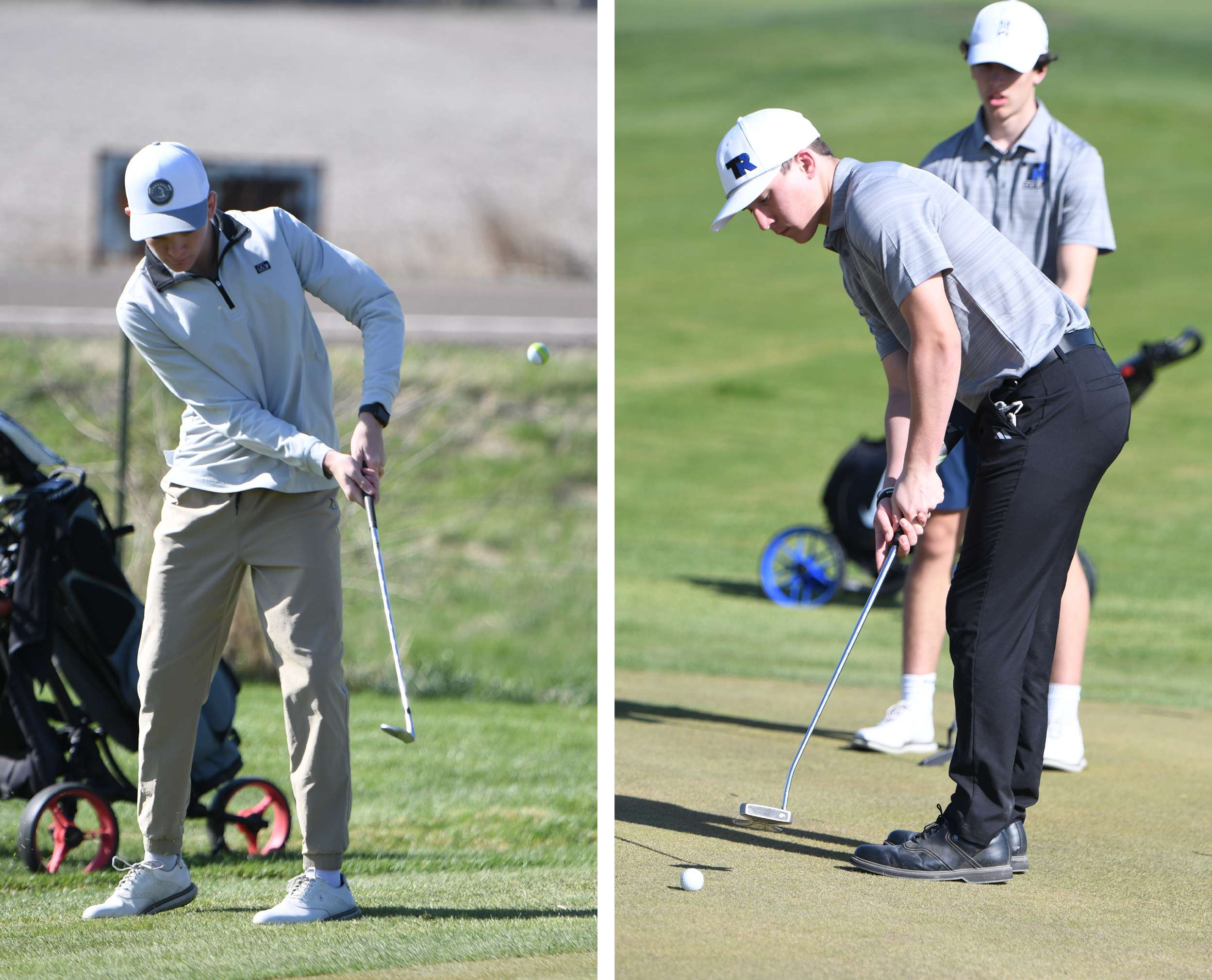 LEFT: Tate Wood chips his ball onto the green. RIGHT: Chance Swantek hits a putt while Corbin Rodriguez watches the ball move to the hole. NCJ photos by Rick Holtz
