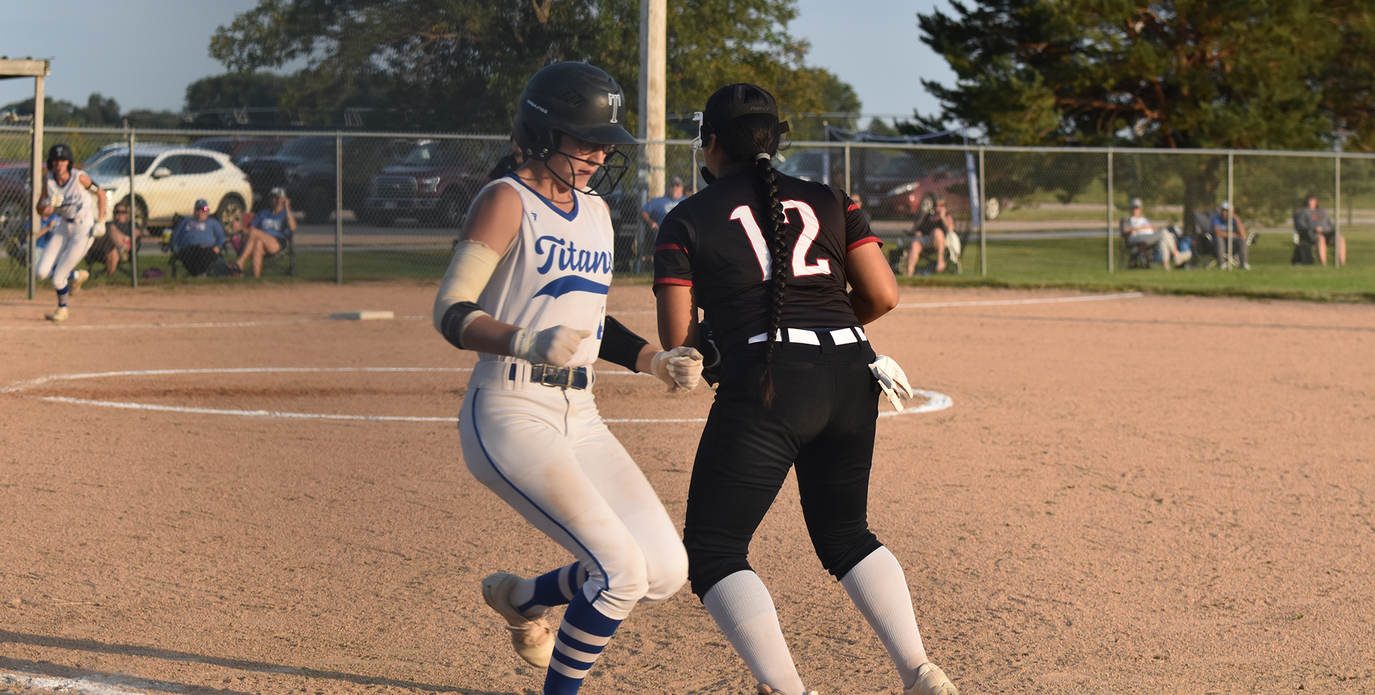 Adalyn Bishop reaches first base against the Polk County Slammers last week. NCJ photo by Beth Sparrow