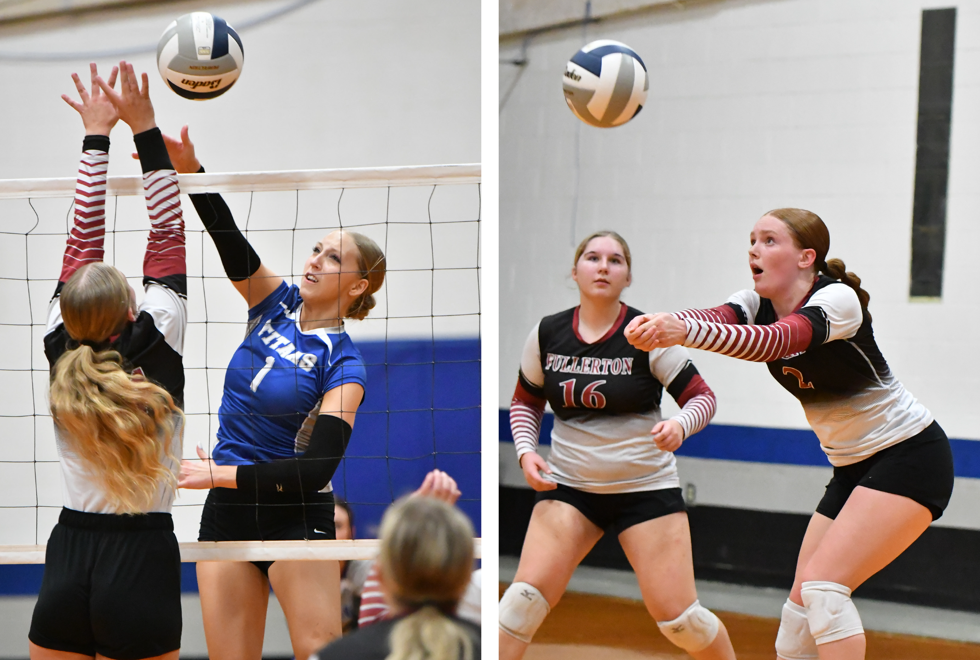 LEFT: Tricia Kunkee finished with a team-high 12 kills against Fullerton. RIGHT: Riley Thomas makes the first bump for the Warriors as Lexxus Schroeder looks on. NCJ photos by Rick Holtz