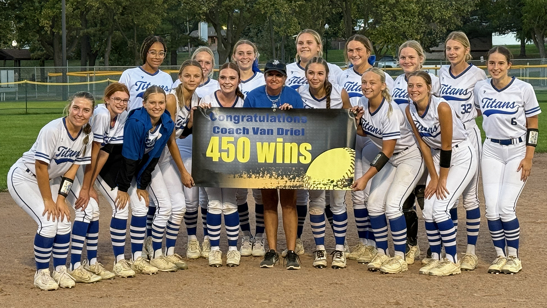 Twin River celebrates with coach Renae Van Driel on her reaching the 450-win milestone. NCJ photo by Rick Holtz