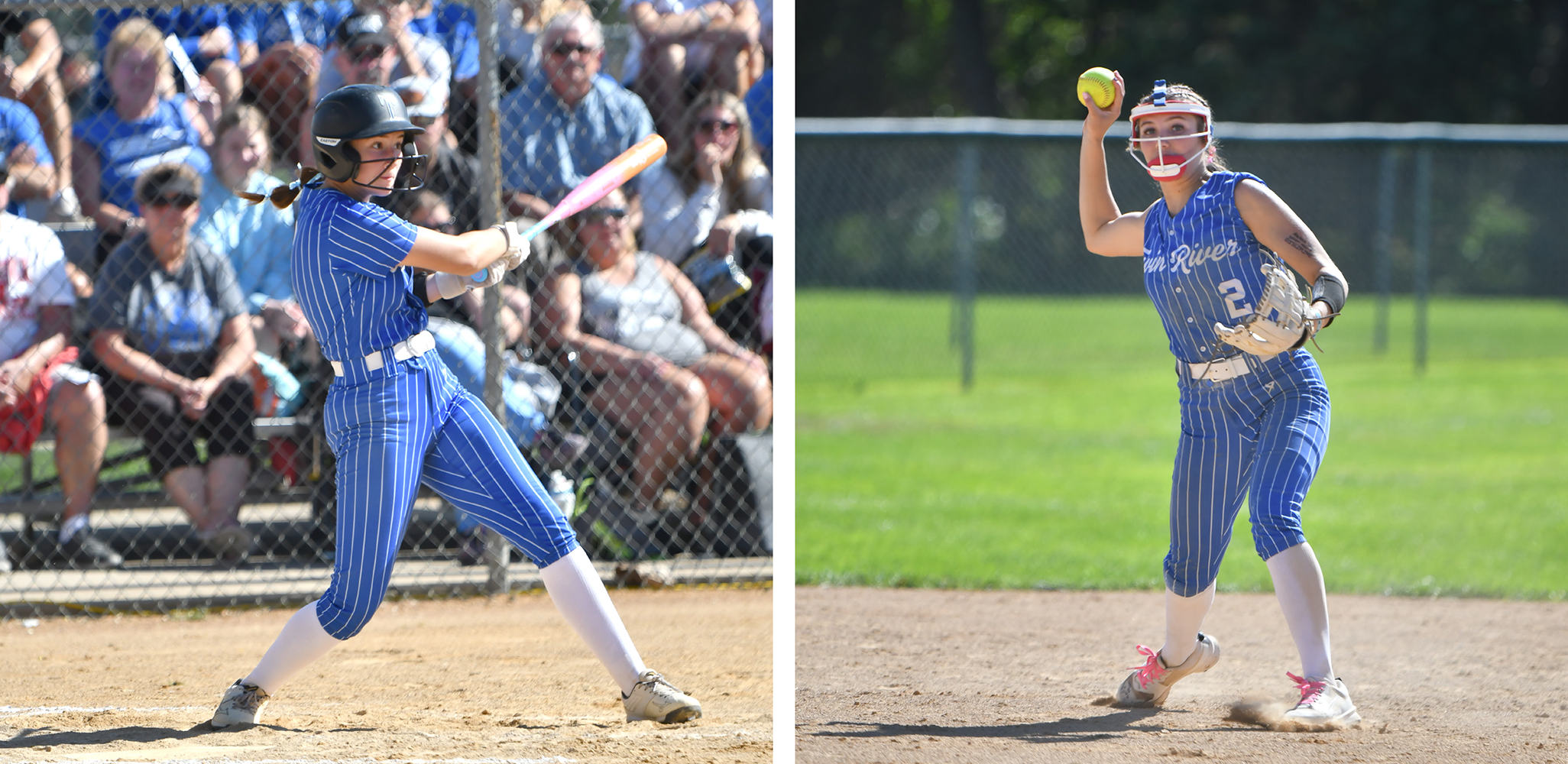 LEFT: Kaleigh Rickard drove in a run in game 1. RIGHT: JLee Van Driel throws out the runner at first. NCJ photos by Rick Holtz
