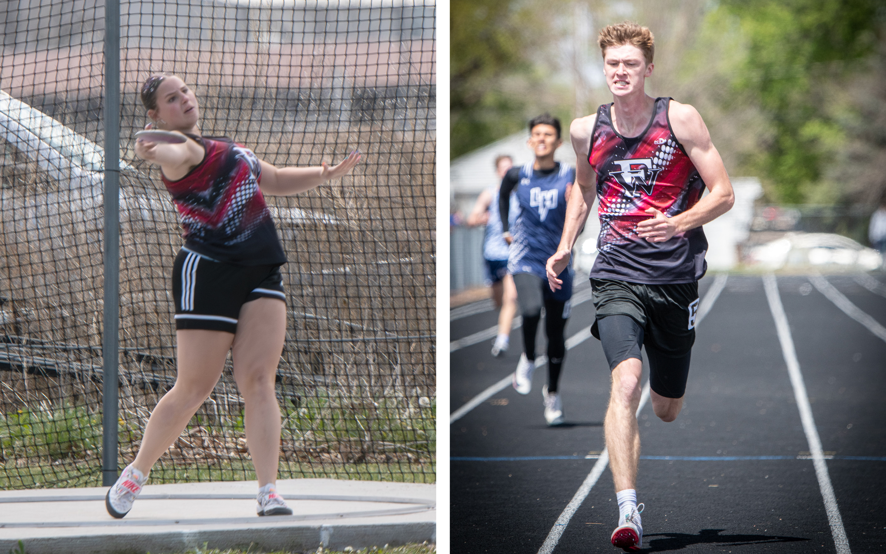 LEFT: Sami Sullivan finished 10th in the discus with a 83-06 throw. RIGHT:Kane Wetovick won the 400-meter dash (51.49) and 800-meter run (2:03.80) and finished second in the triple jump with a 40-08.25 jump. NCJ photos by Rick Holtz