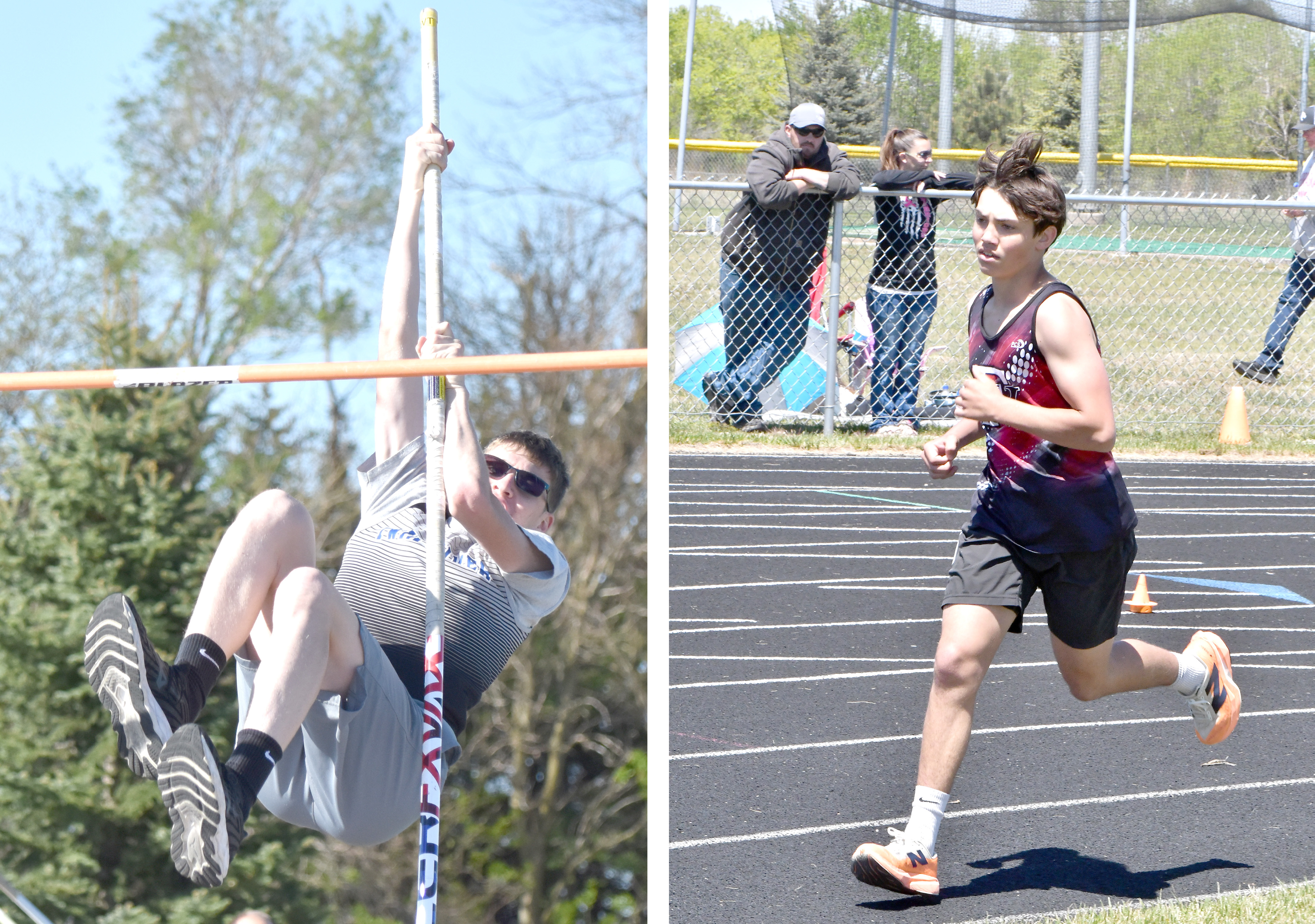 LEFT: Ryker Stenzel finished 13th in the pole vault, clearing a height of 8-02.00. NCJ photo by Calvin Holtz  RIGHT: Mason Hemmingsen finished 15th in the 1600-meter run with a time of 5:43.63. NCJ photo by Rick Holtz