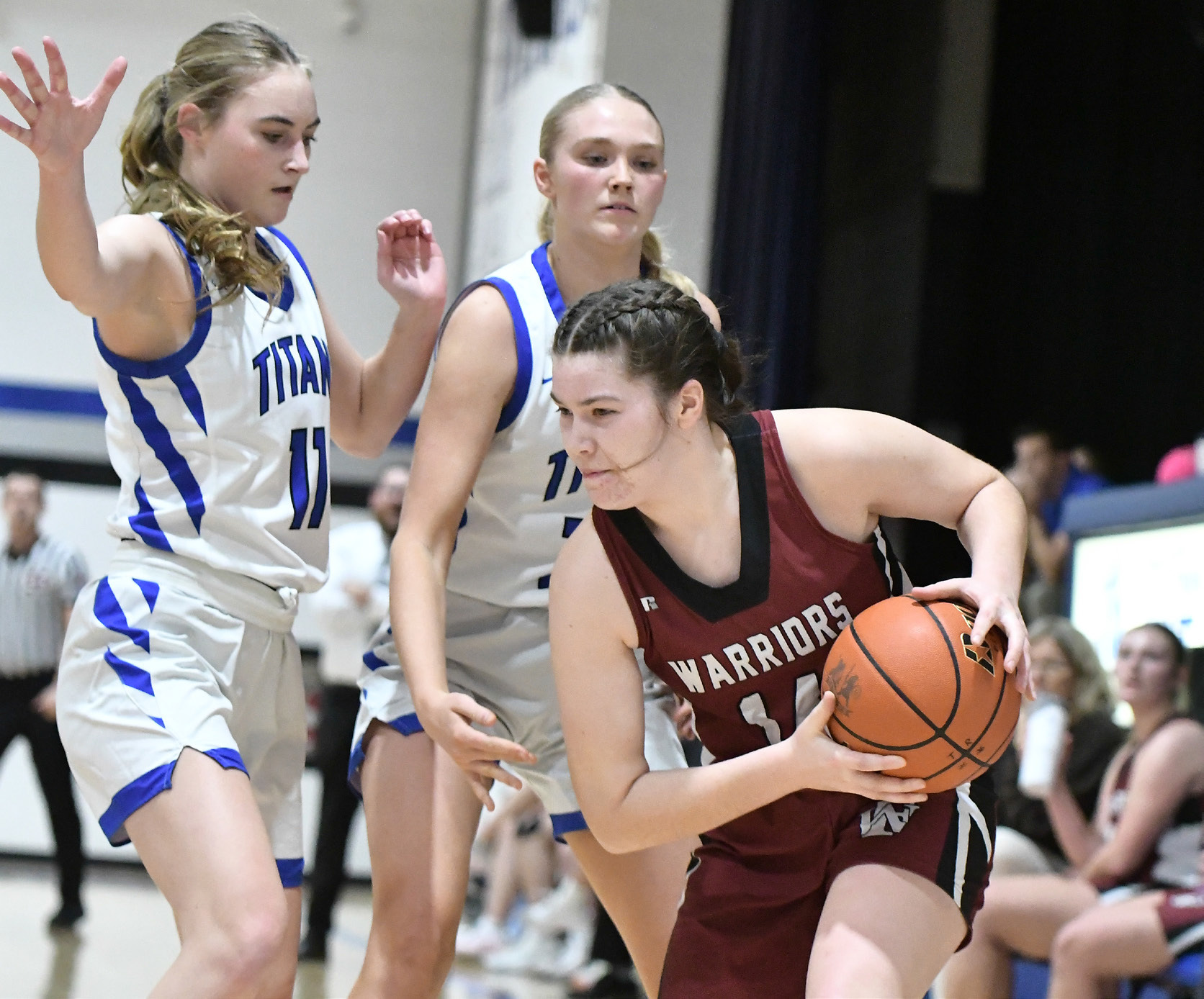 Twin River’s Katie Preister (left) and Grace Yrkoski pressure Fullerton’s Georgia Bridger during the first half of the Nance County Showdown. NCJ photo by Rick Holtz