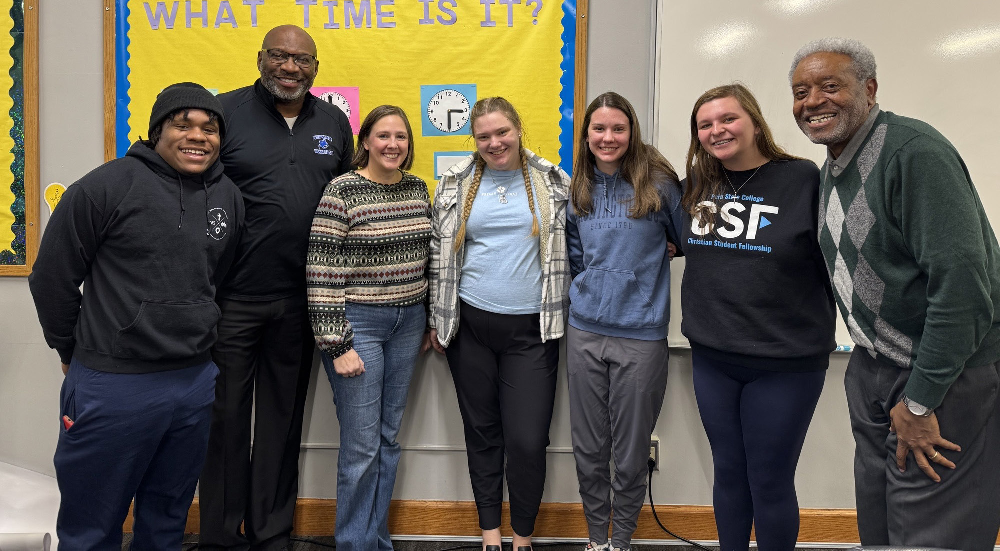 (From left to right) Tydell McLaurin (Omaha, NE), Ivan Wineglass (PSC alum and Optimist International Club member), City of Peru Mayor Katy Novak, Mindy Bartels (Lincoln, NE), Josie Williams (Fullerton, NE), Kylie Hansen (Lincoln, NE) (PSC Optimist Club Vice-President), and Dr. Robert Ingram (faculty advisor). Photo provided
