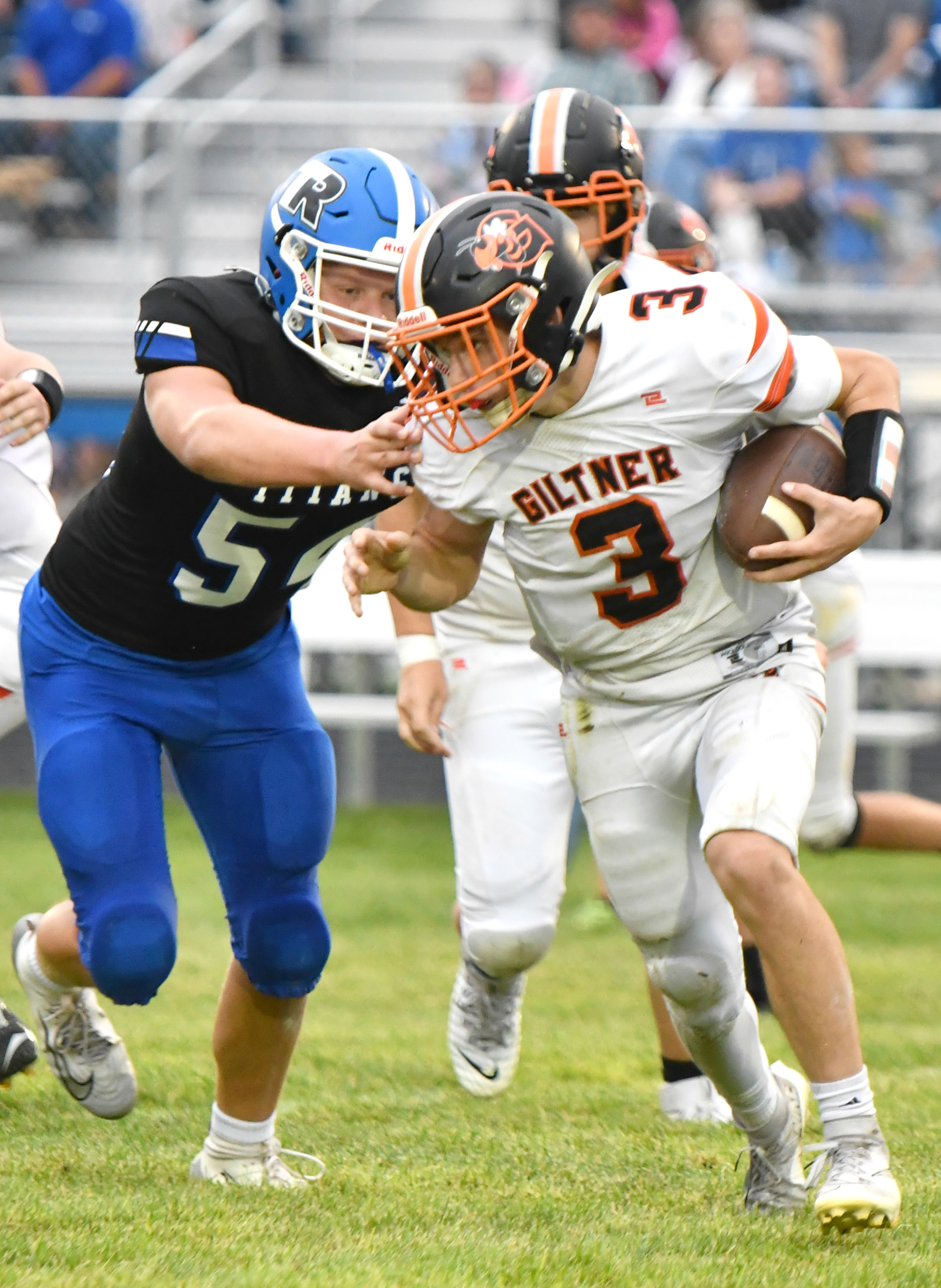 Alex Konwinski pressures the Giltner quarterback early in Friday’s game. The Twin River freshman recorded a sack on the play. NCJ photo by Rick Holtz