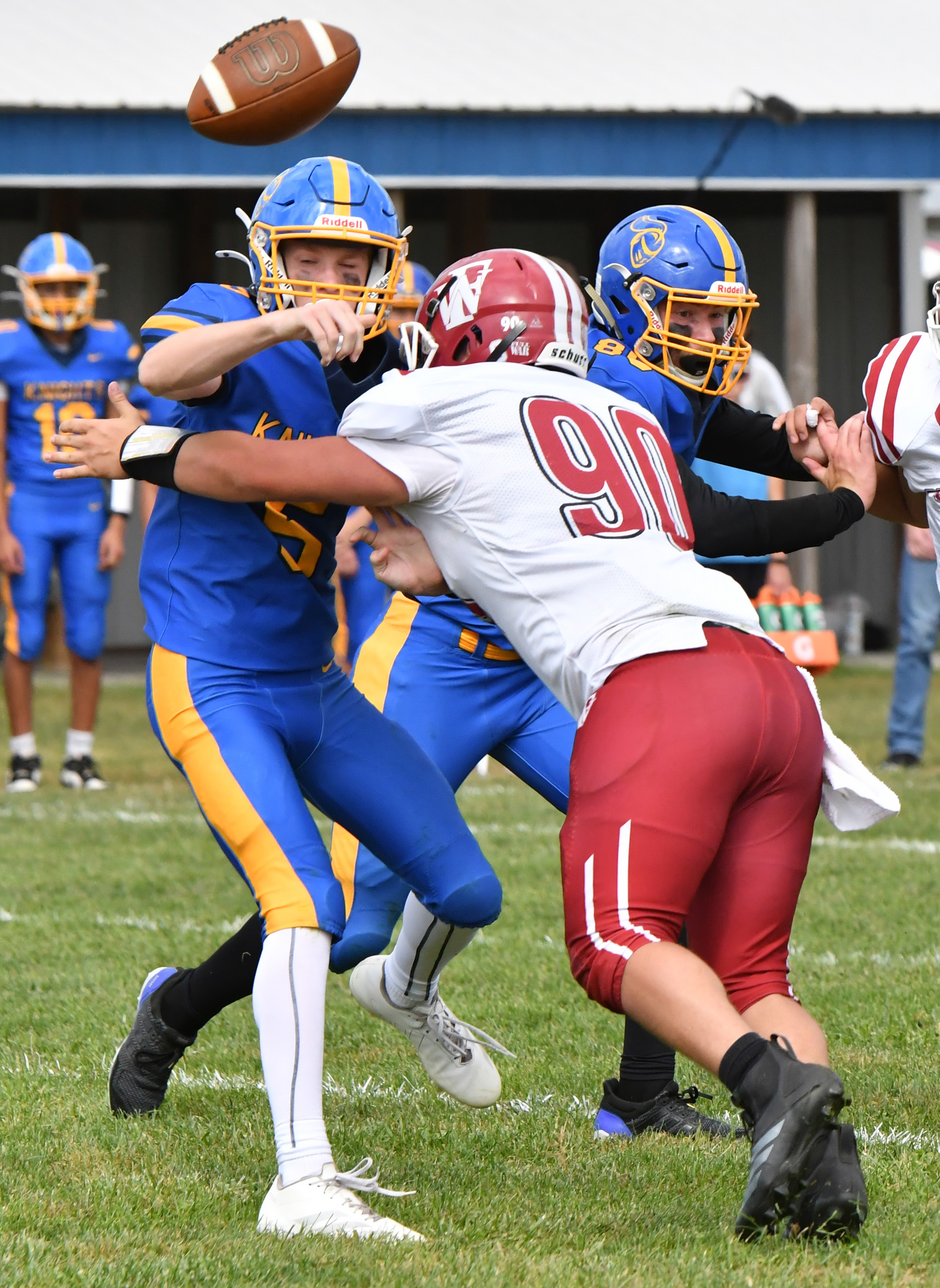 Parker Aaberg and the Fullerton defense pressured the Nebraska Lutheran quarterback all game on Friday. NCJ photo by Rick Holtz