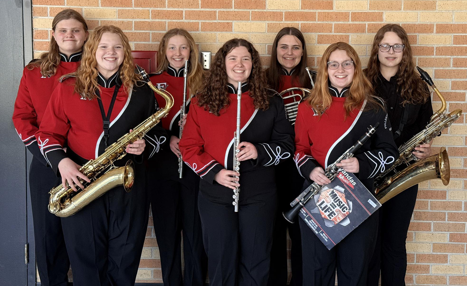Congratulations to the students who participated in the Class DAll-State Band. Front Row from left: Aubrey Thies, Melinda Reimer, and Hailey Johnson. Back Row from right: Colton Harris, Elena Reimer, Lylla Sabata and PJ Sabata. Photo provided