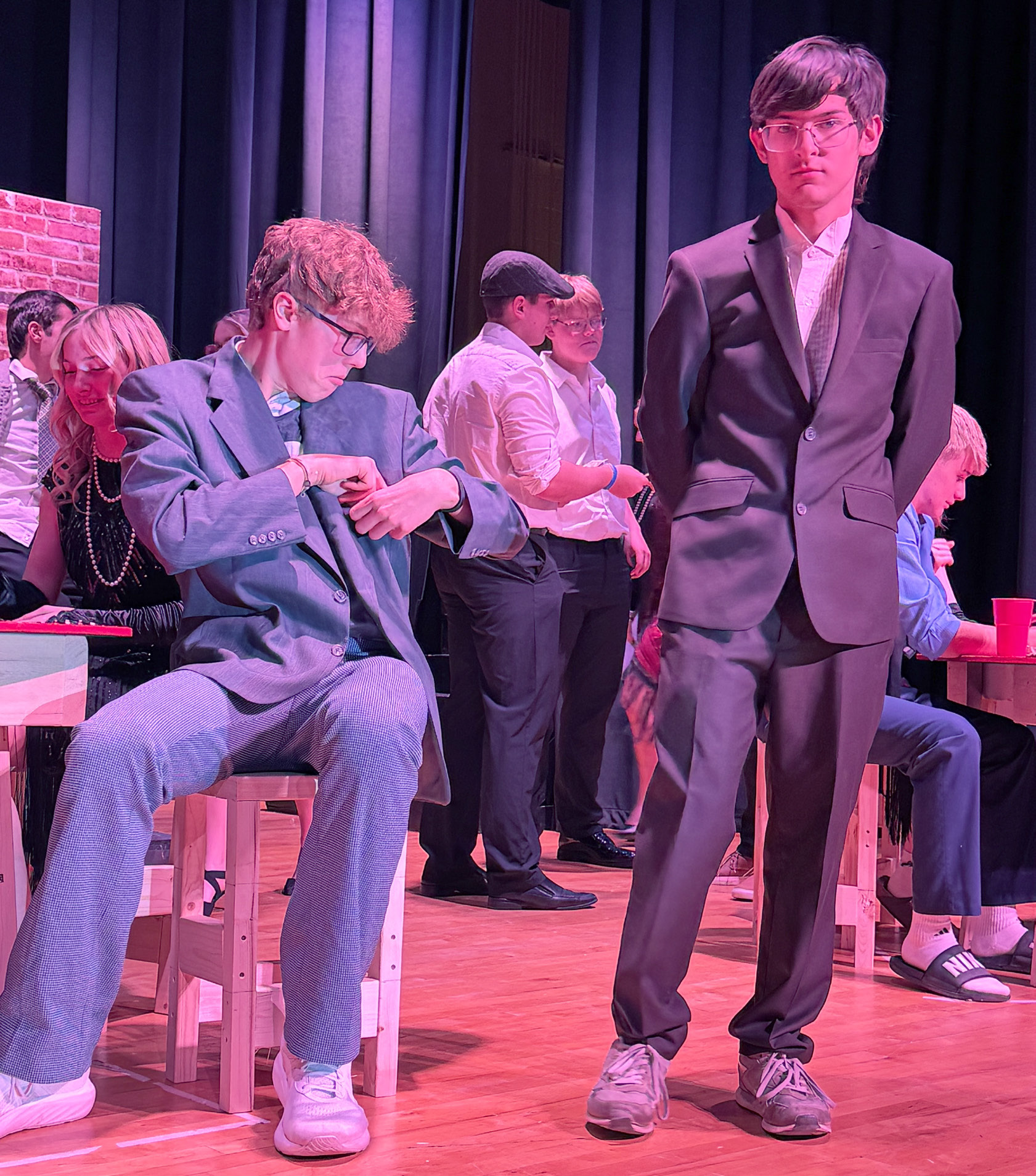 Everett Gleason (left) and Jaycek Green bring Dr. Watson and Sherlock Holmes to life in an original show. Fullerton’s community performance is Friday. NCJ photo by Ella Pickrel
