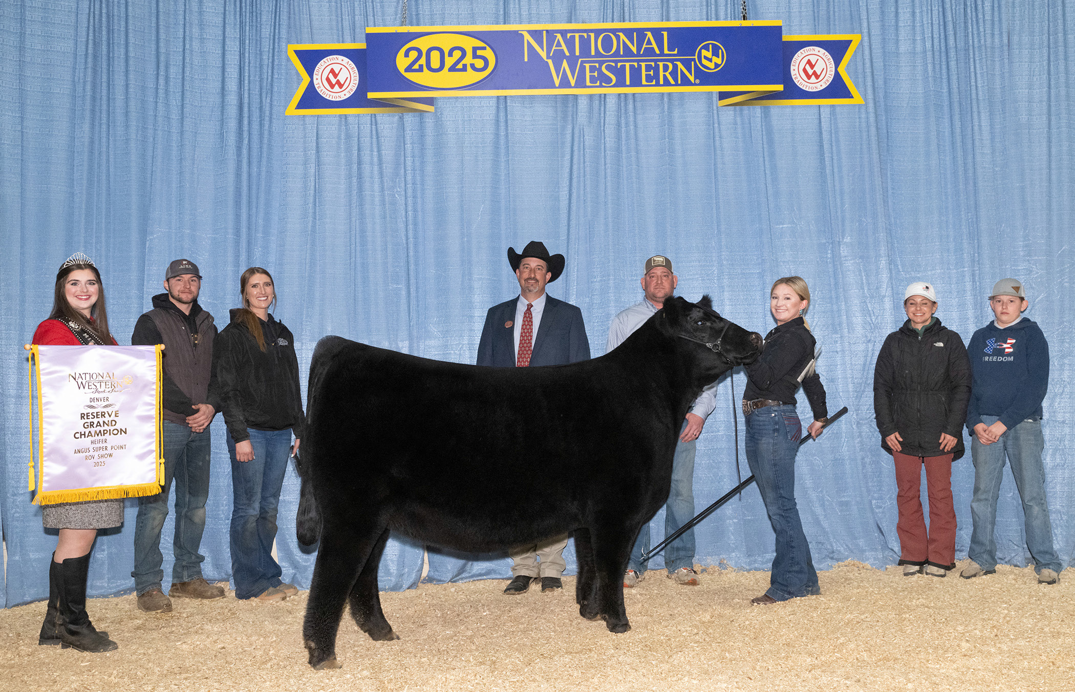 LSCF Trixxy won reserve grand champion female at the 2025 National Western Stock Show’s Super Point Roll of Victory (ROV) Angus Show, Jan. 17 in Denver, Colo. Addison Crouse, Belgrade, Neb., owns the October 2023 daughter of Colburn Primo 5153. She earlier won senior calf champion. Jake Scott, Gordon, Neb., evaluated the 117 entries. Photo by Legacy Livestock Imaging.