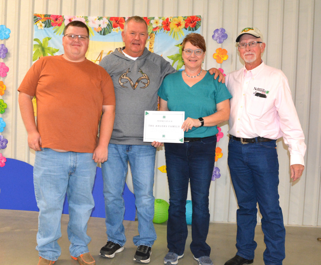 The 2025 Nance County 4-H Supporter Award was presented to the Ahlers family. Pictured Jake (left), Butch, LaRee and Steve Pritchard, Boone-Nance extension educator. Photo provided
