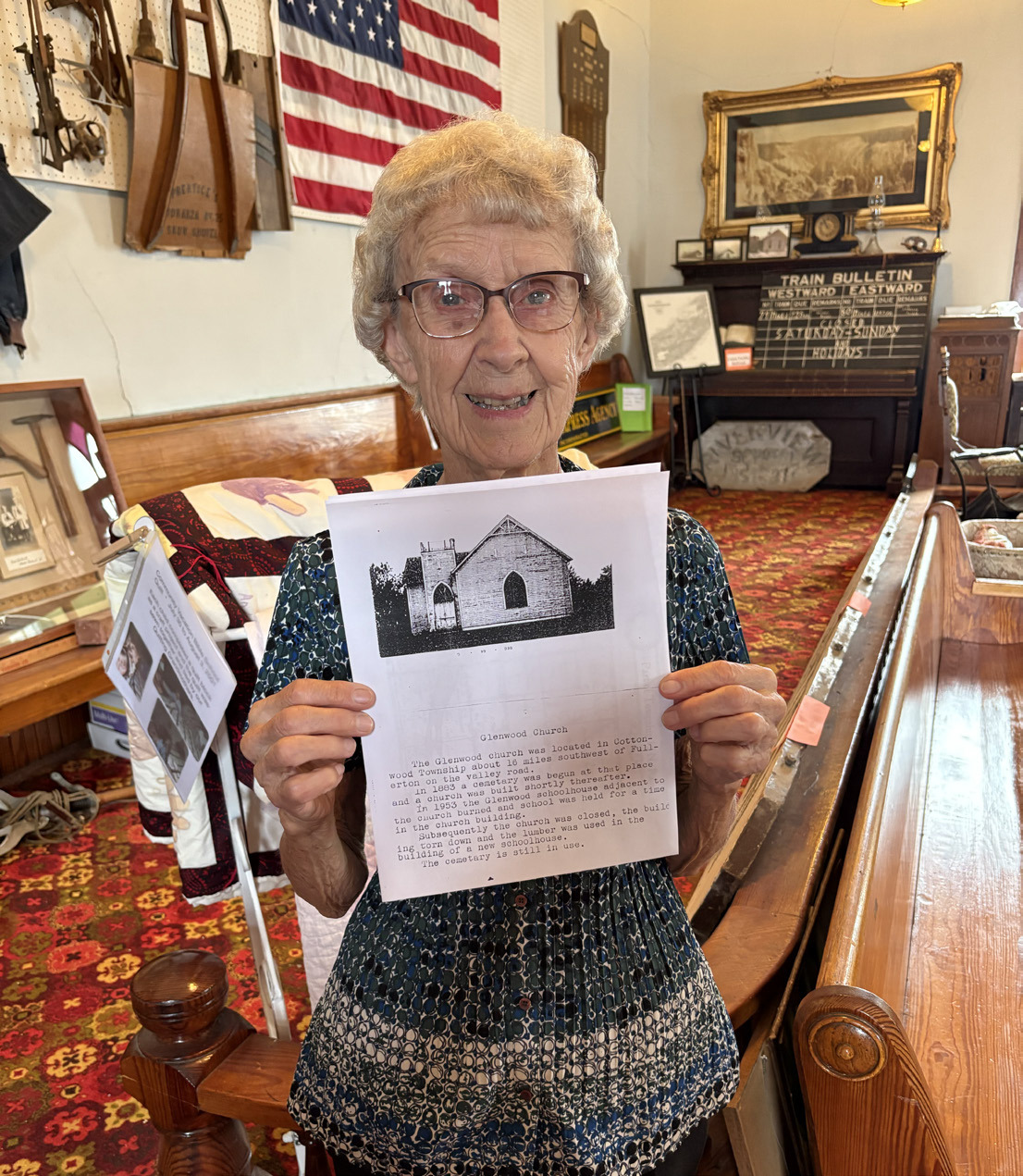 Leona Sharman of Palmer came to the Fullerton Museum Aug. 27 looking for information on the Glenwood Church. Leona and volunteers were happy when we found a picture of the church. Photo provided