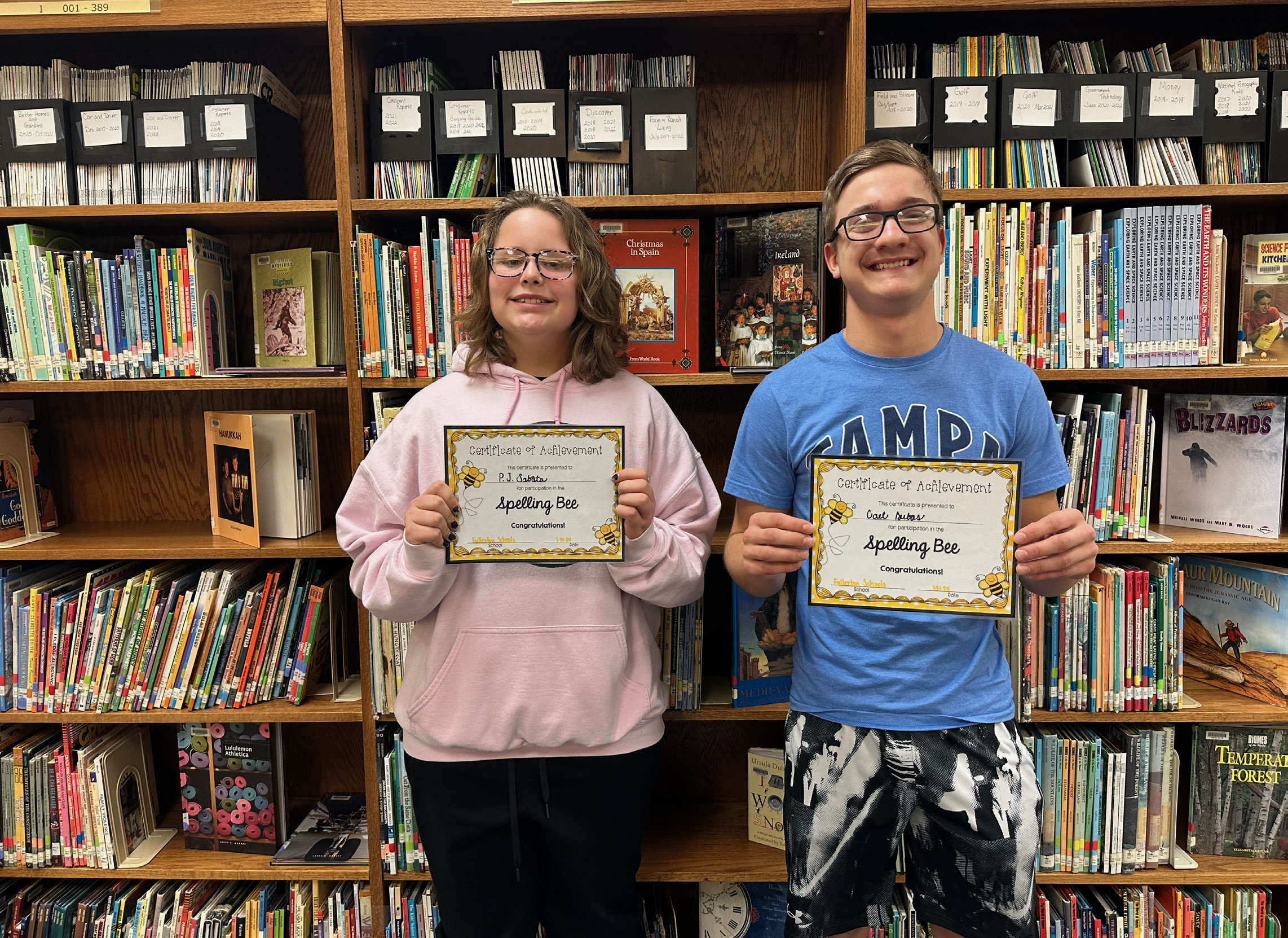 Cael Dubas (right) won the Nance County Spelling Bee and PJ Sabata (left) came in second. NCJ photo by Rick Holtz