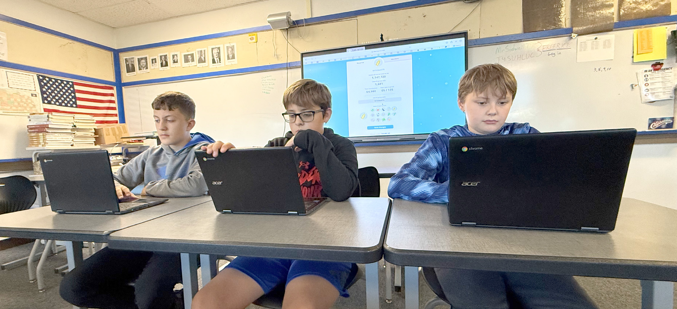 Brecken Vetick, Emmett Zarek and Nolan Shanle are just three of the Twin River students who answers questions in their free time through freerice.com. The district has answered more than 100,000 questions correctly. NCJ photos by Rick Holtz